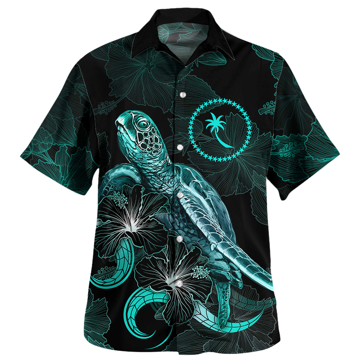 Chuuk Micronesia Matching Hawaiian Shirt and Dress Chuuk Pride with Polynesian with Turtle and Blooming Hibiscus Turquoise - Polynesian Pride