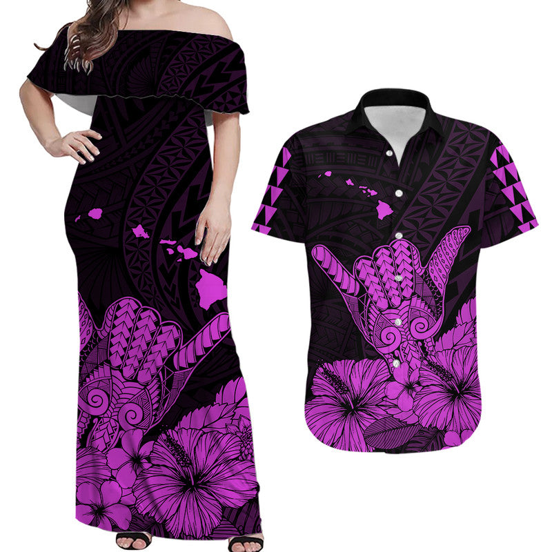 Hawaii Shaka Sign Couple Long Dress and Hawaiian Shirt Purple Version LT9 Purple - Polynesian Pride