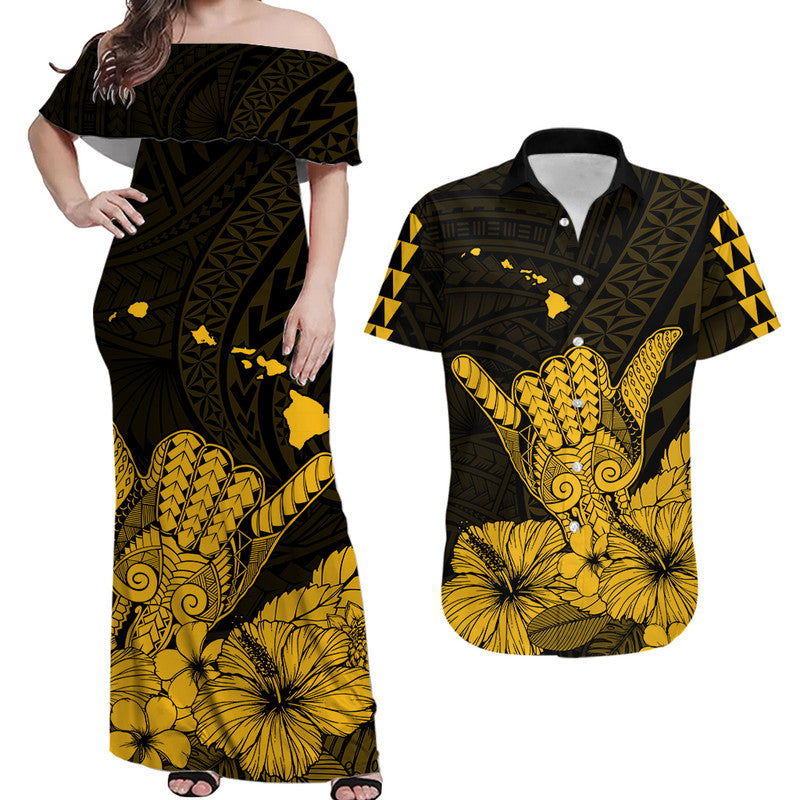 Hawaii Shaka Sign Couple Long Dress and Hawaiian Shirt Gold Version LT9 Gold - Polynesian Pride