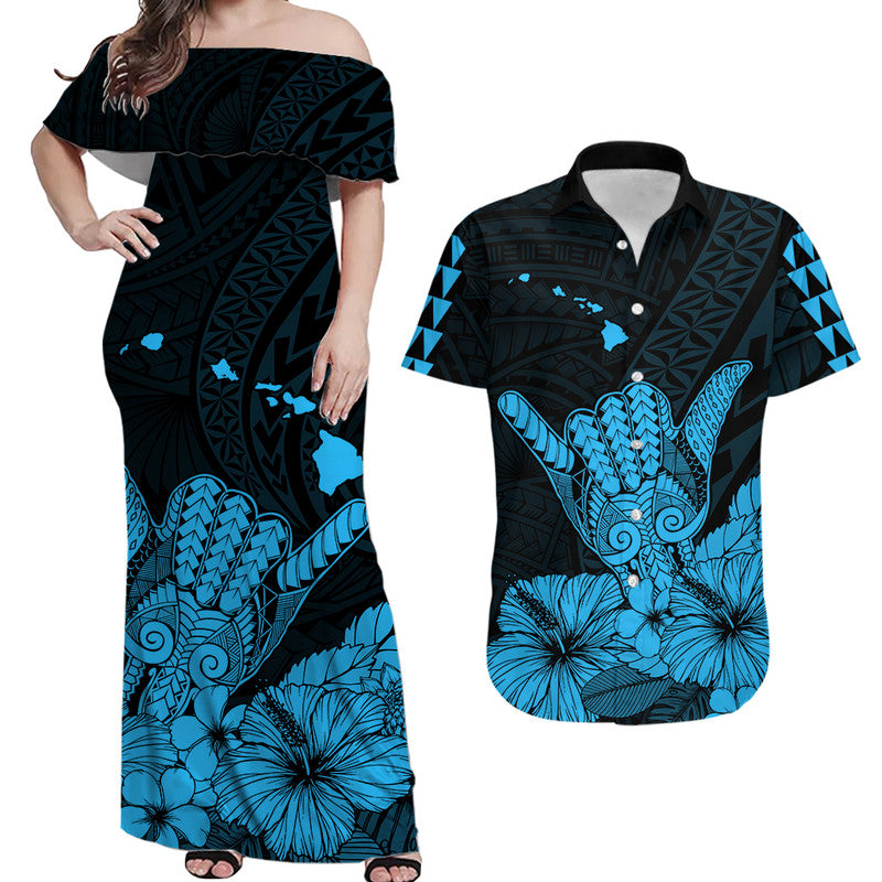 Hawaii Shaka Sign Couple Long Dress and Hawaiian Shirt Blue Version LT9 Blue - Polynesian Pride