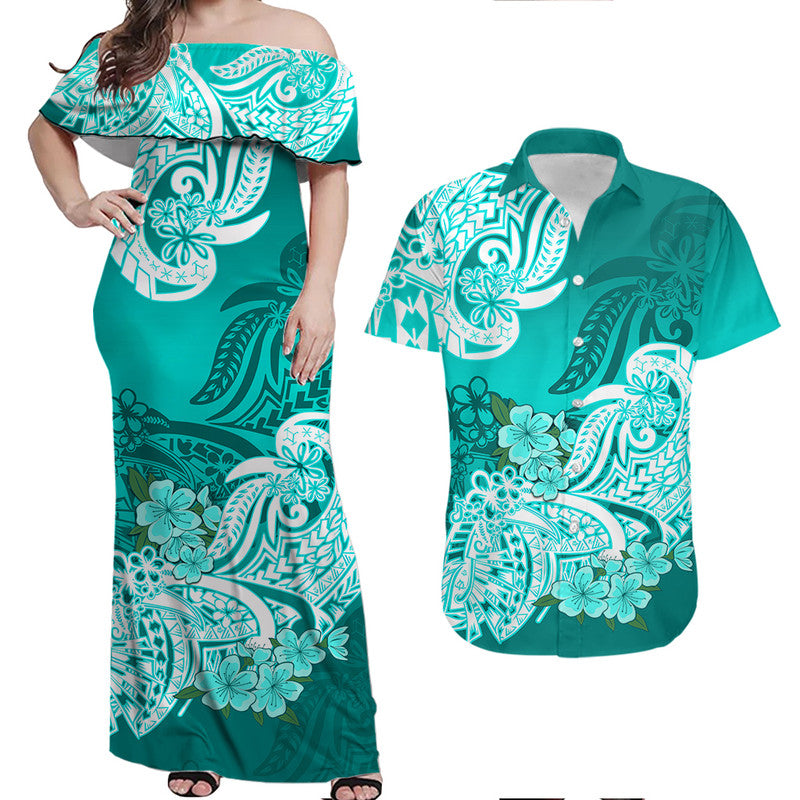 Polynesian Flower Tribal Matching Dress and Hawaiian Shirt Turquoise LT9 Turquoise - Polynesian Pride