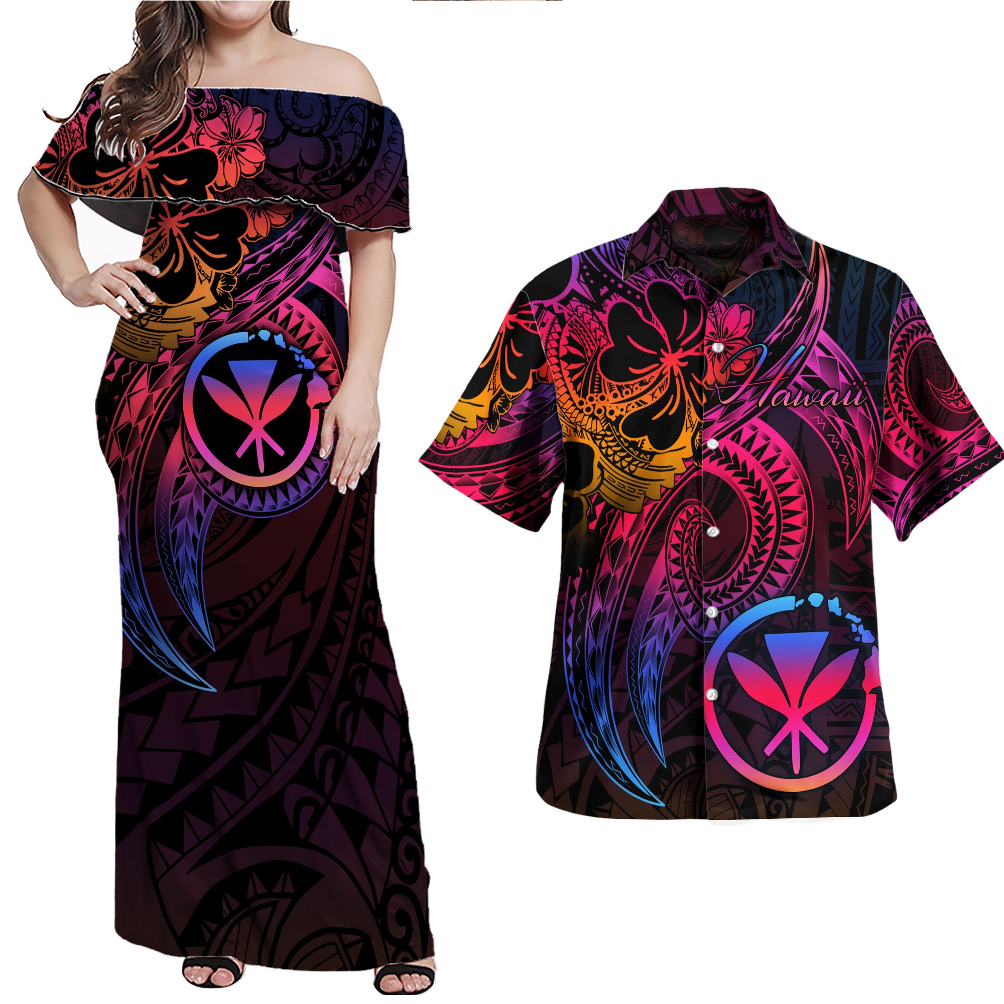 Hawaii Polynesian Matching Dress and Hawaiian Shirt Floral Patterns Rainbow Style Black - Polynesian Pride