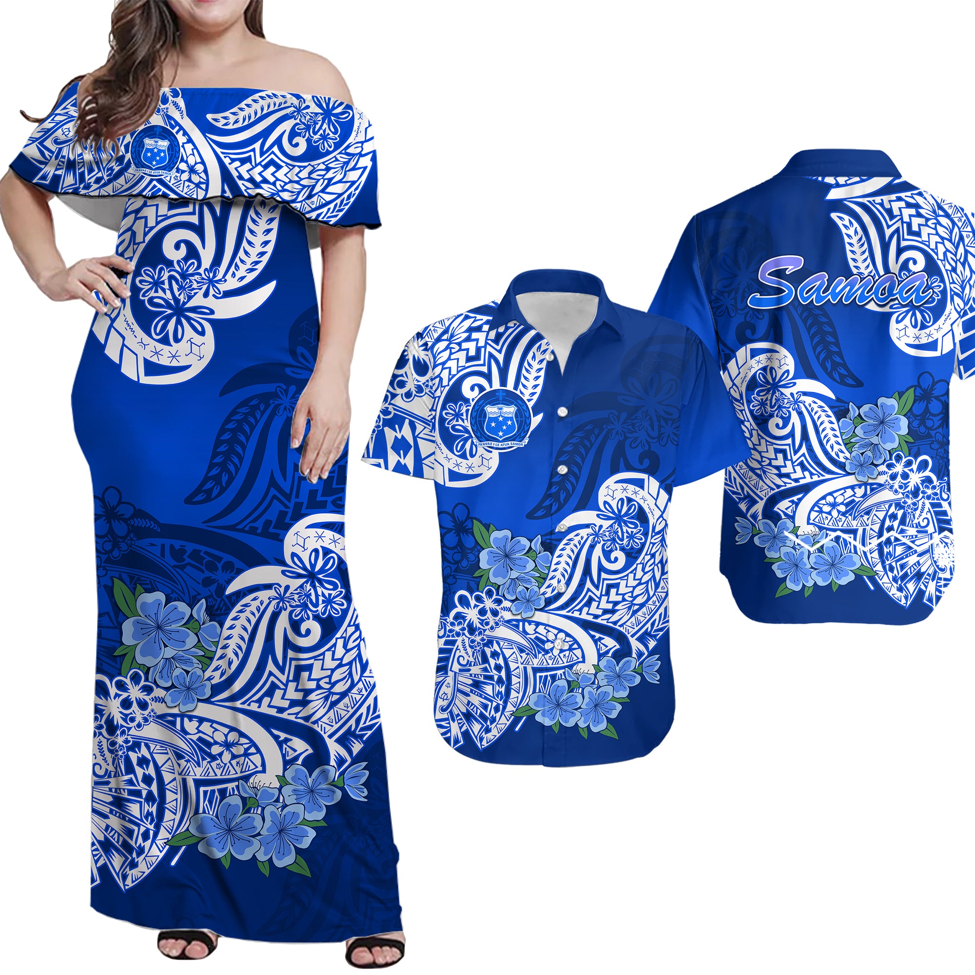 Polynesian Samoa Flower Tribal Matching Dress and Hawaiian Shirt LT9 Blue - Polynesian Pride