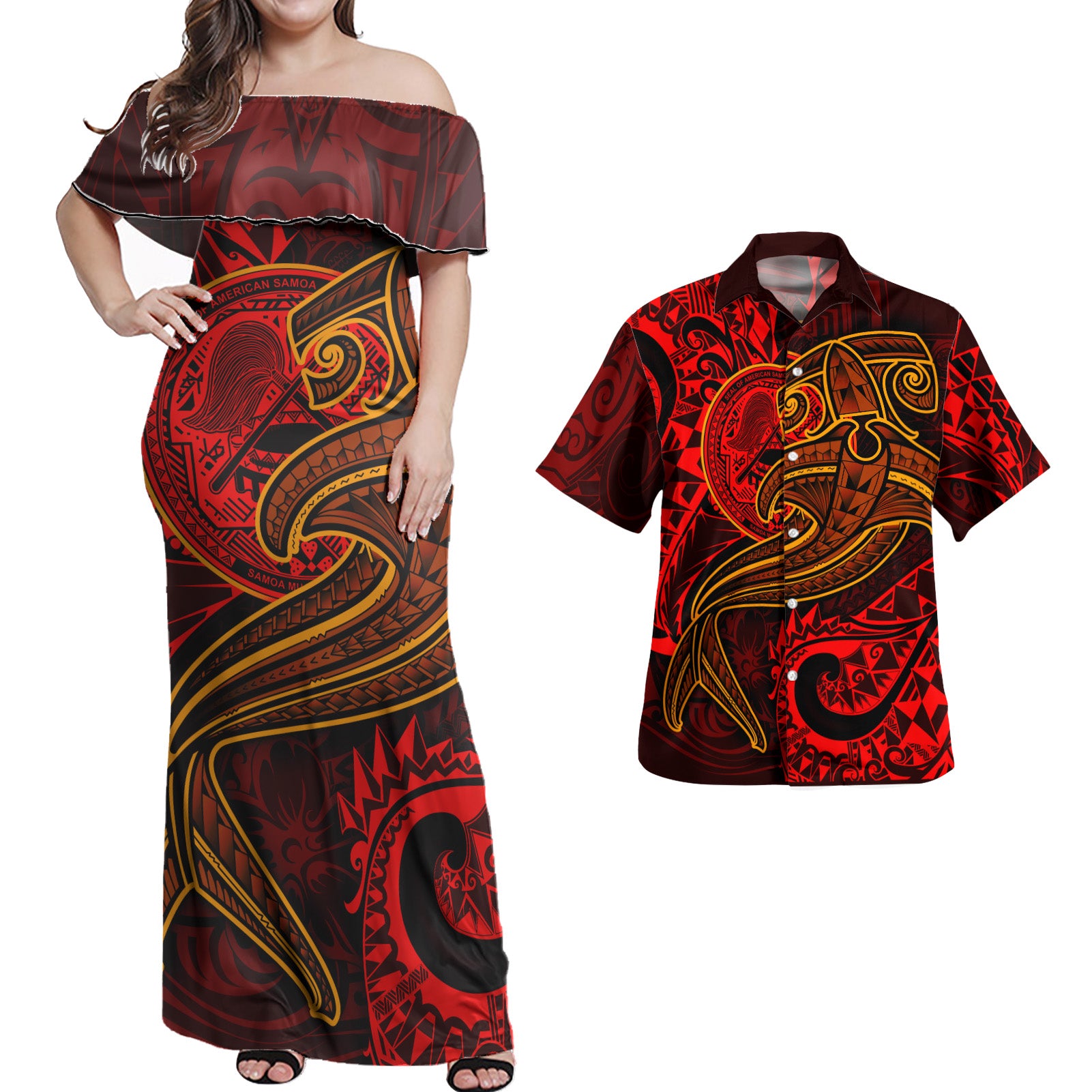 American Samoa Matching Dress and Hawaiian Shirt Polynesian Red Shark Red - Polynesian Pride