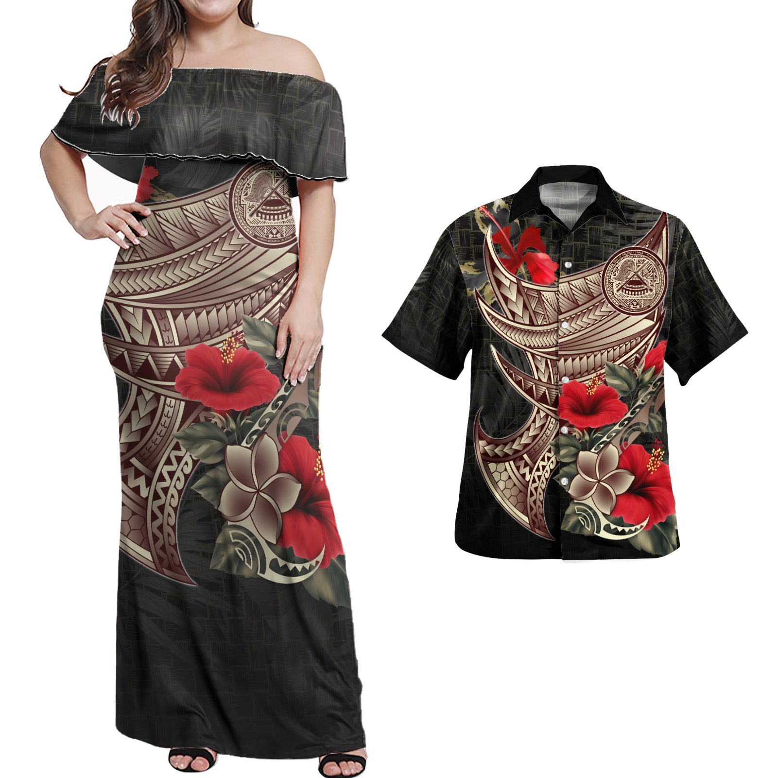 American Samoa Matching Dress and Hawaiian Shirt Polynesian Vintage Style Red - Polynesian Pride