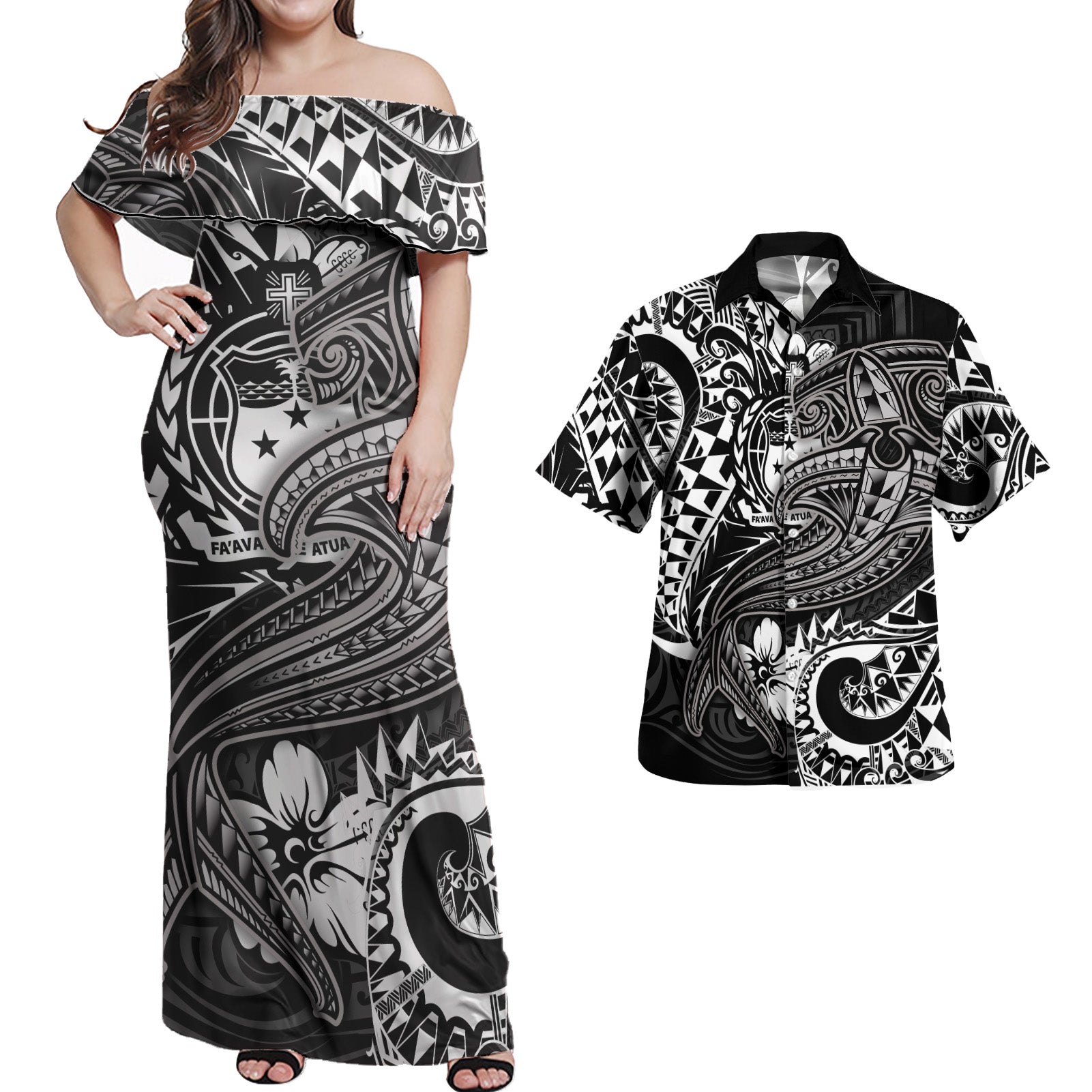 Samoa Matching Dress and Hawaiian Shirt Polynesian White Shark Black - Polynesian Pride