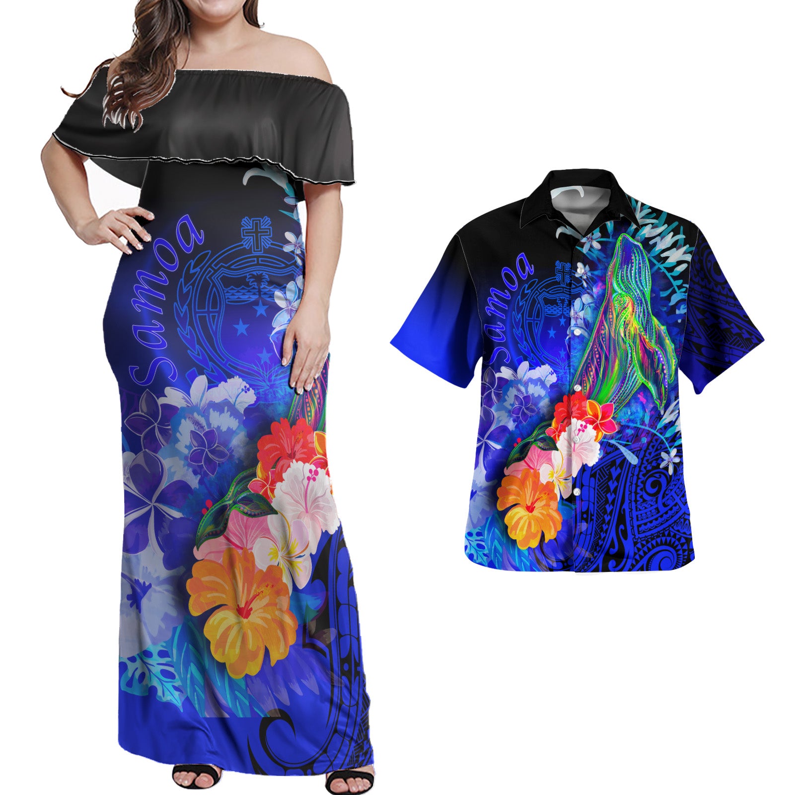 Samoa Matching Dress and Hawaiian Shirt Polynesian Humpback Whale Blue Blue - Polynesian Pride