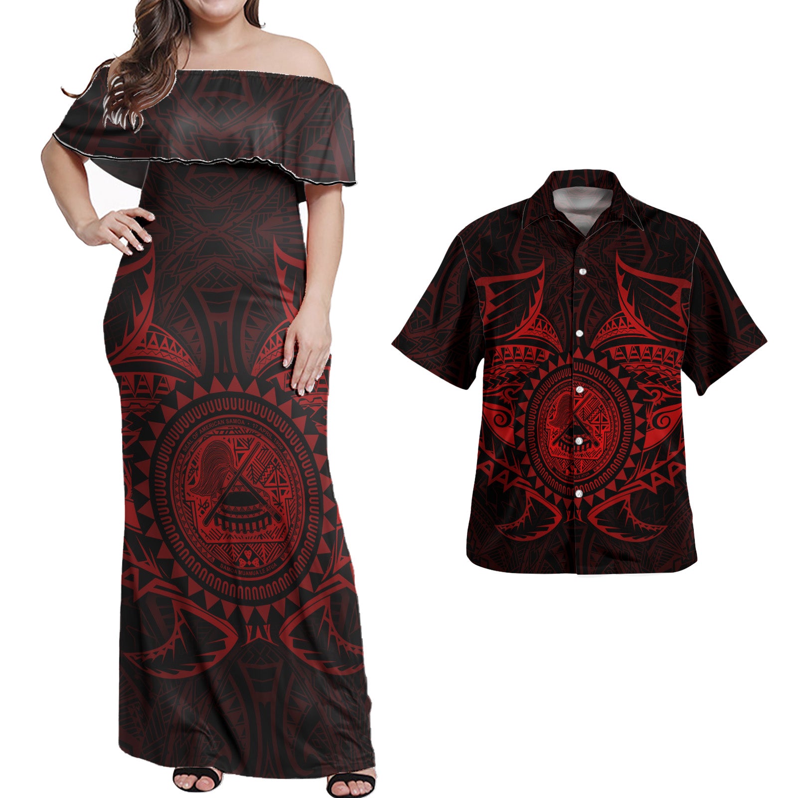 American Samoa Matching Dress and Hawaiian Shirt Polynesian Red Seal Red - Polynesian Pride