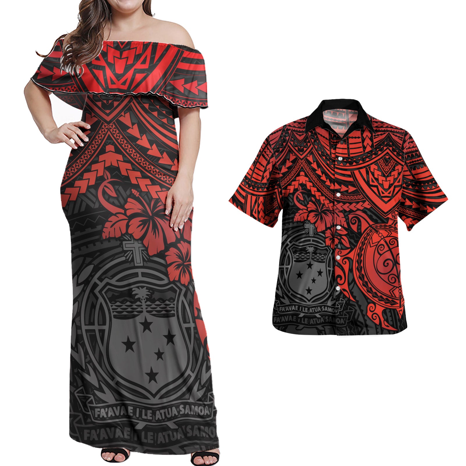 Samoa Matching Dress and Hawaiian Shirt Polynesian Red Turtle Red - Polynesian Pride