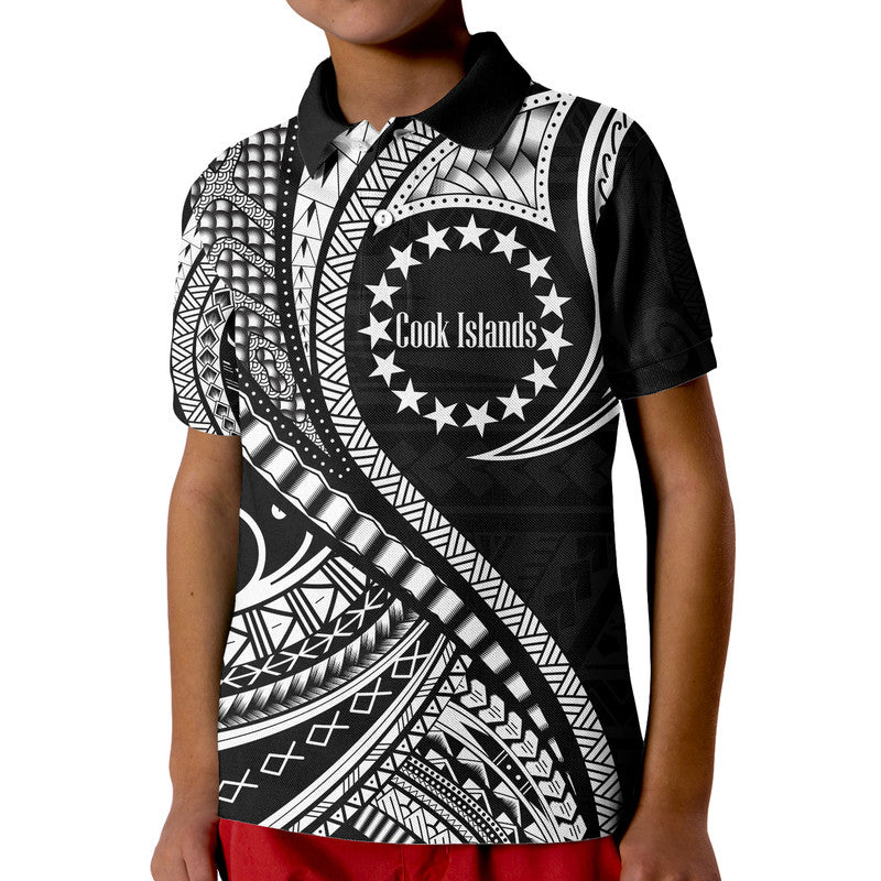 Cook Islands Polo Shirt Black Polynesian Wave Style LT9 Kid Black - Polynesian Pride