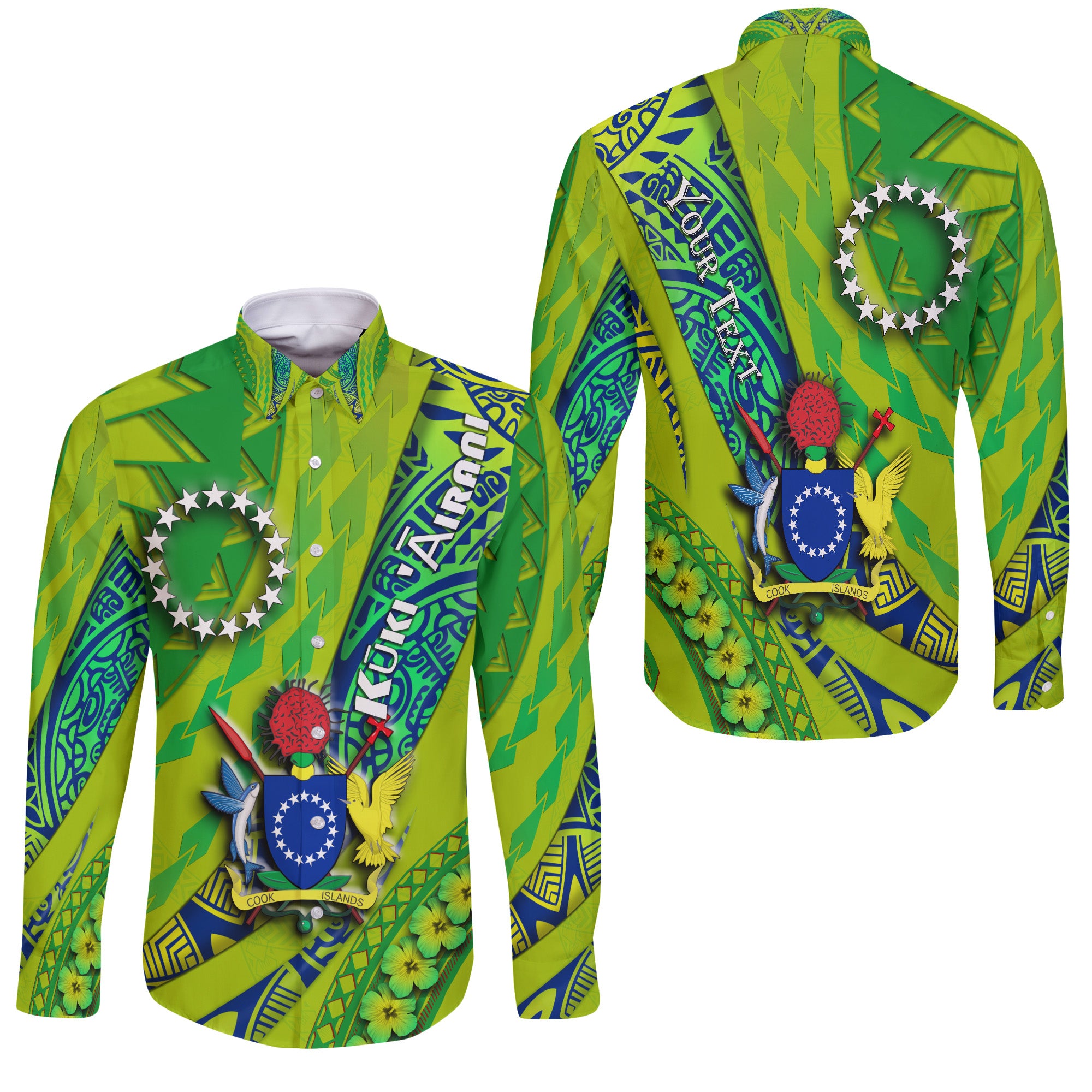 (Custom Personalised) Cook Islands Hawaii Long Sleeeve Button Shirt Artsy Style - Green LT9 Unisex Green - Polynesian Pride