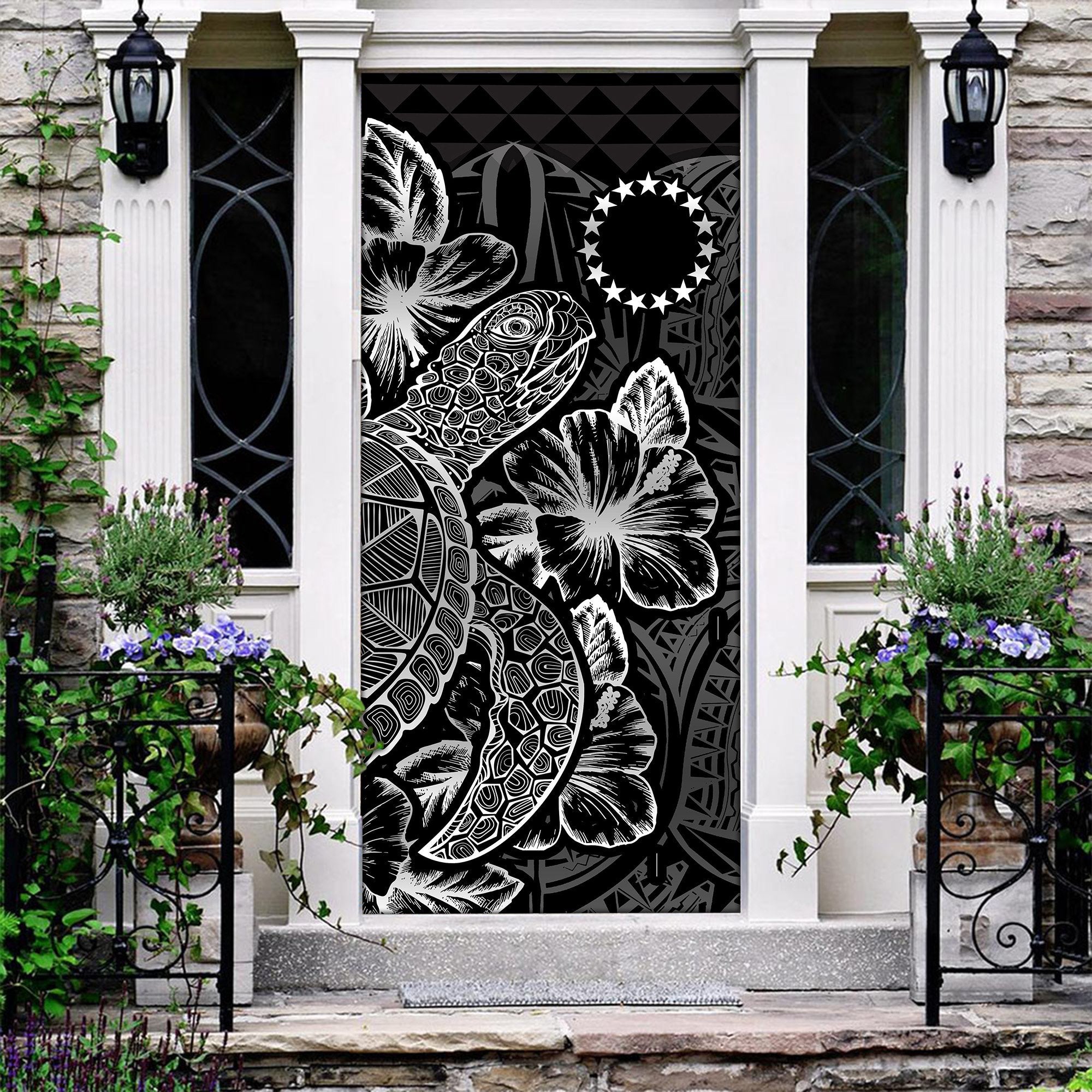 Cook Islands Door Cover Turtle Hibiscus Black - Polynesian Pride