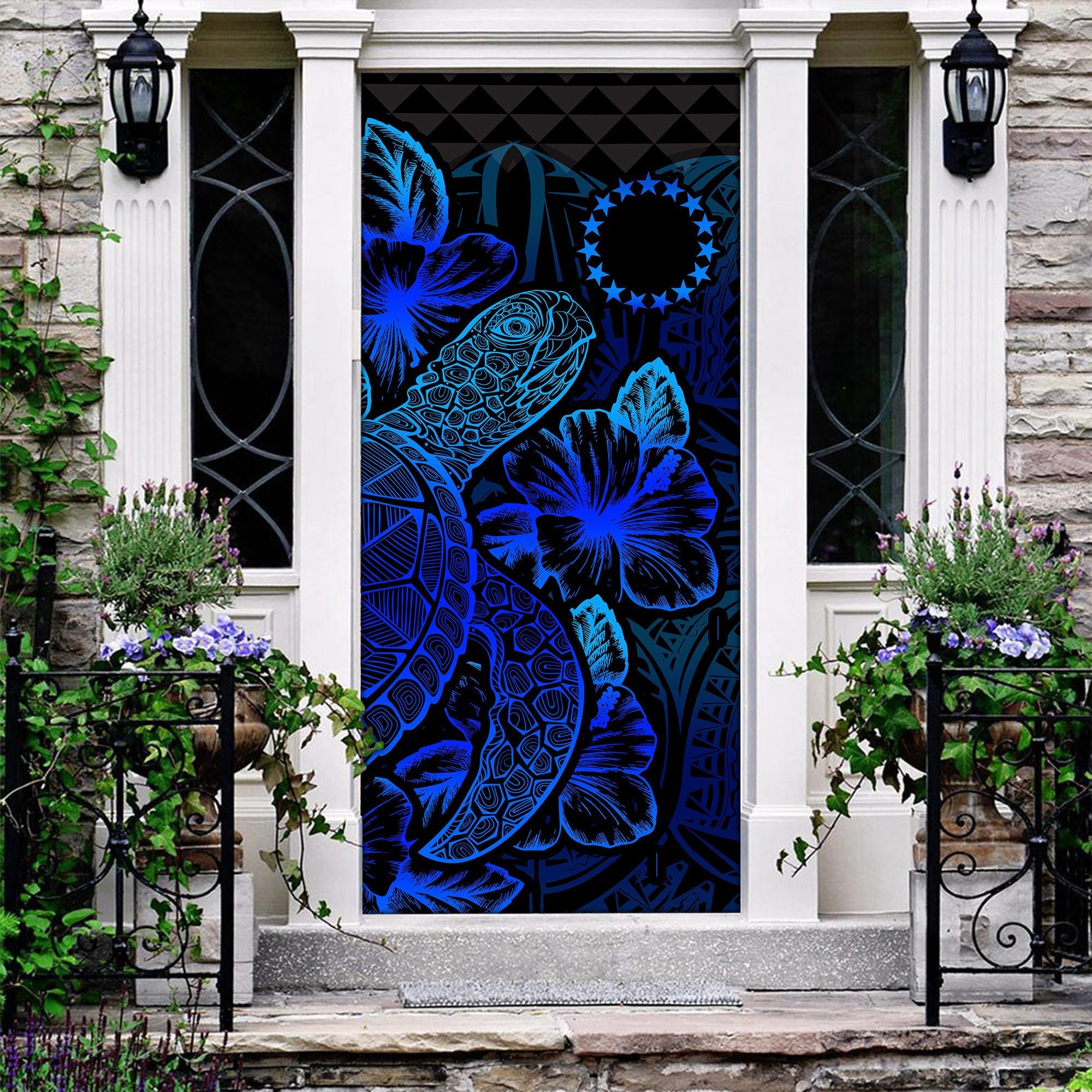 Cook Islands Door Cover Turtle Hibiscus Blue - Polynesian Pride