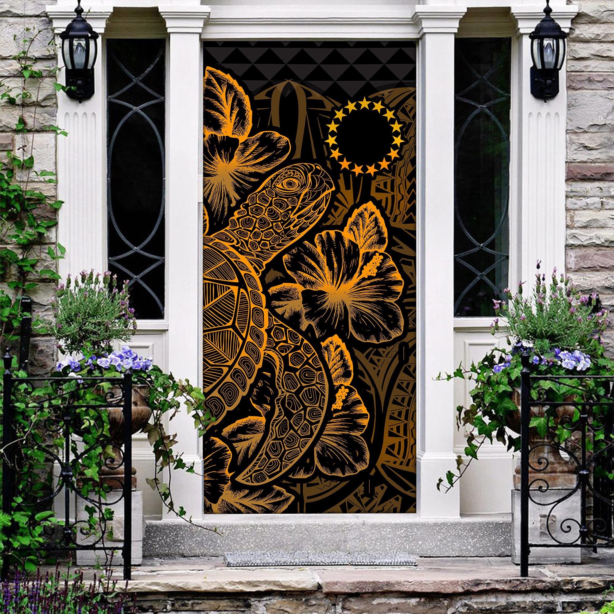 Cook Islands Door Cover Turtle Hibiscus Gold - Polynesian Pride