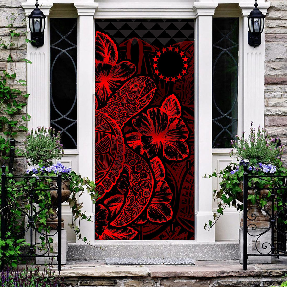 Cook Islands Door Cover Turtle Hibiscus Red Red - Polynesian Pride