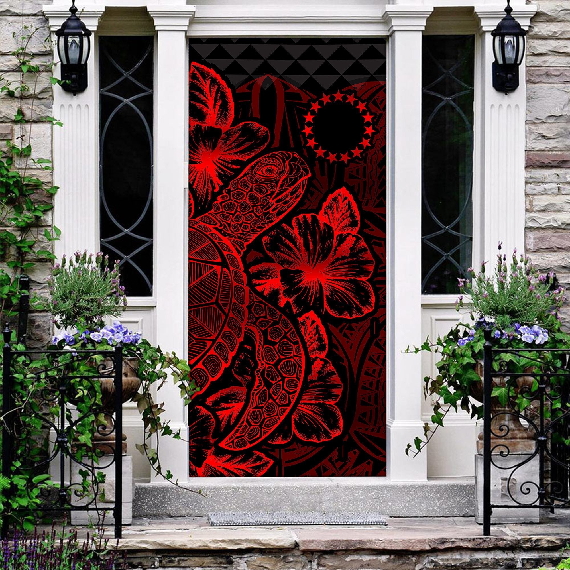 Cook Islands Door Cover Turtle Hibiscus Red - Polynesian Pride