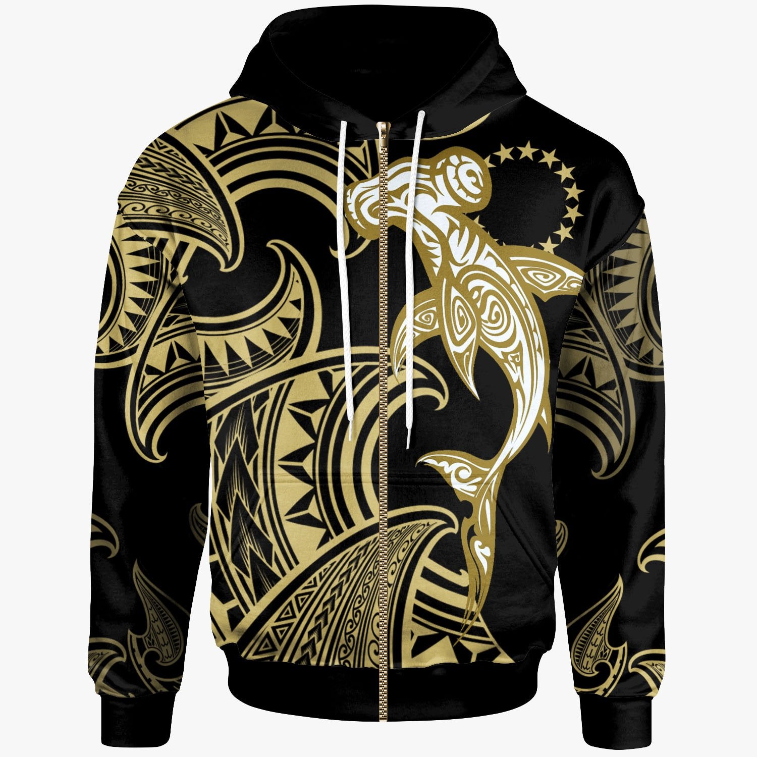 Cook Island Zip up Hoodie Hammerhead Shark Tribal Pattern Unisex Gold - Polynesian Pride