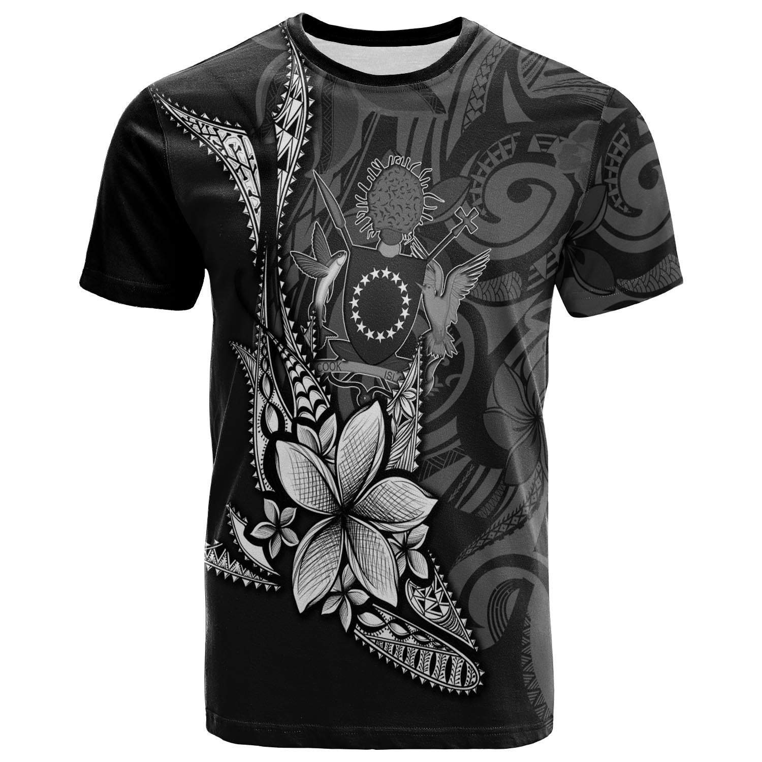 Cook Islands Custom T Shirt Fish With Plumeria Flowers Style Unisex Black - Polynesian Pride