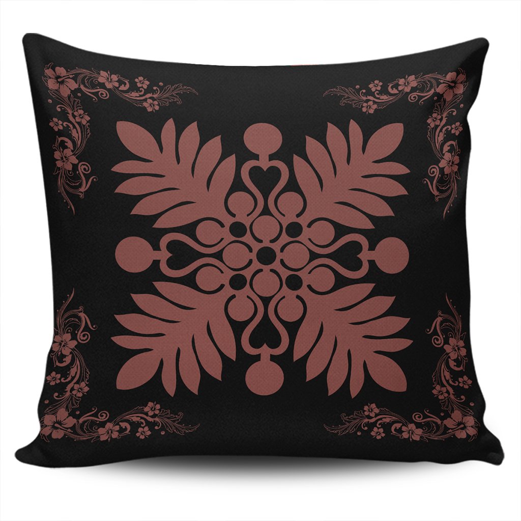 Hawaiian Quilt Maui Plant And Hibiscus Pattern Pillow Covers - Coral Black - AH One Size Coral - Polynesian Pride