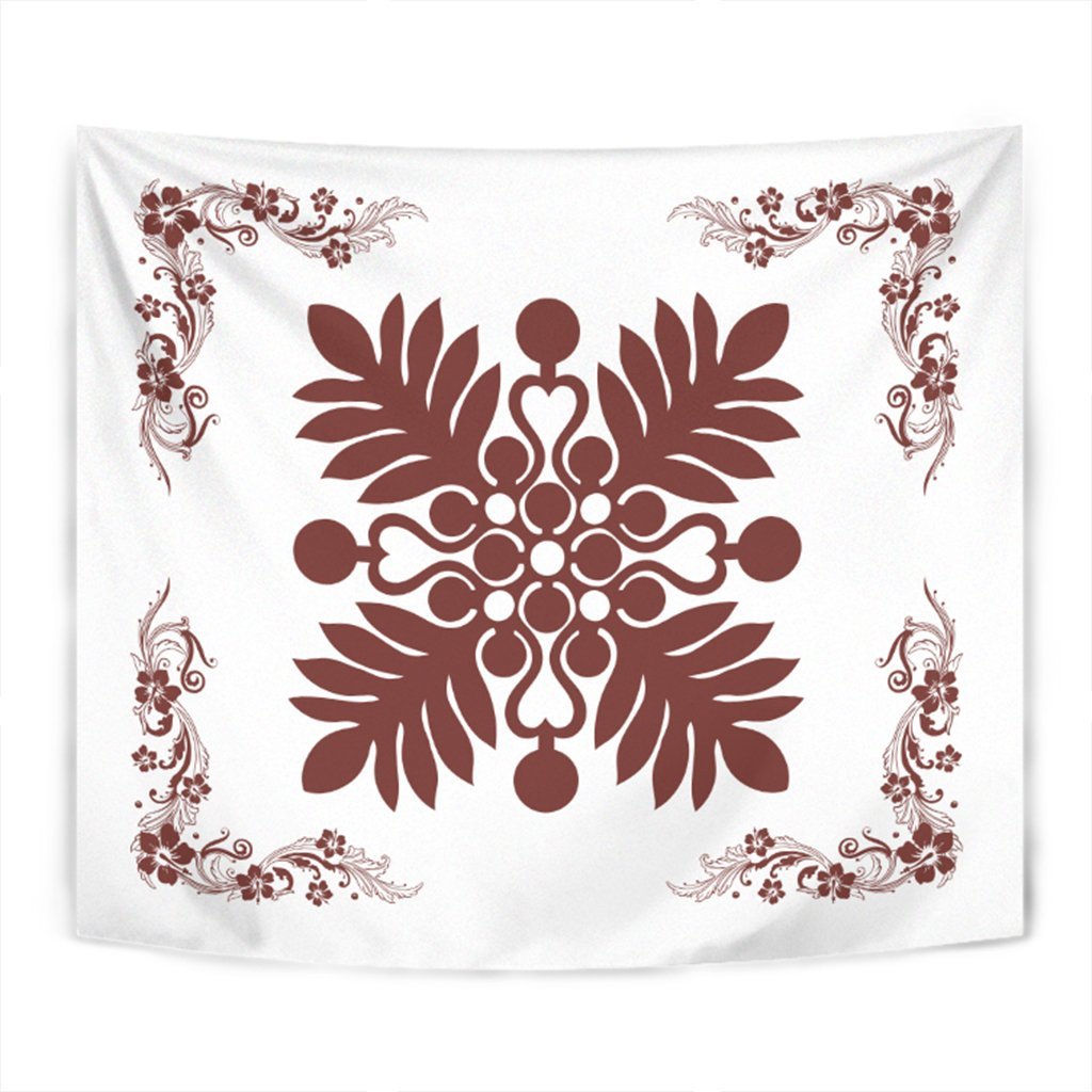 Hawaiian Quilt Maui Plant And Hibiscus Tappestry - Coral White - AH Wall Tapestry Coral - Polynesian Pride