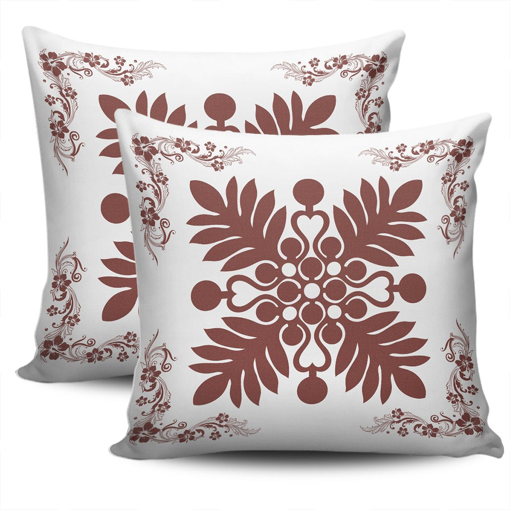 Hawaiian Quilt Maui Plant And Hibiscus Pattern Pillow Covers - Coral White - AH - Polynesian Pride