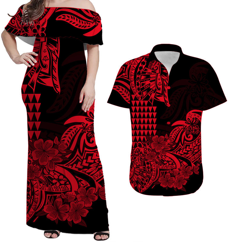 Hawaii Kakau Matching Dress and Hawaiian Shirt Polynesian Flower Tribal Red Version LT9 Red - Polynesian Pride