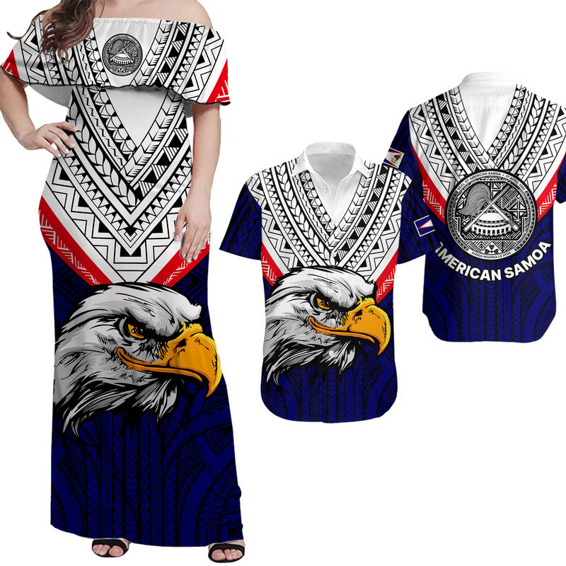 American Samoa Matching Dress and Hawaiian Shirt Bald Eagle with Polynesian Pattern LT9 Blue - Polynesian Pride