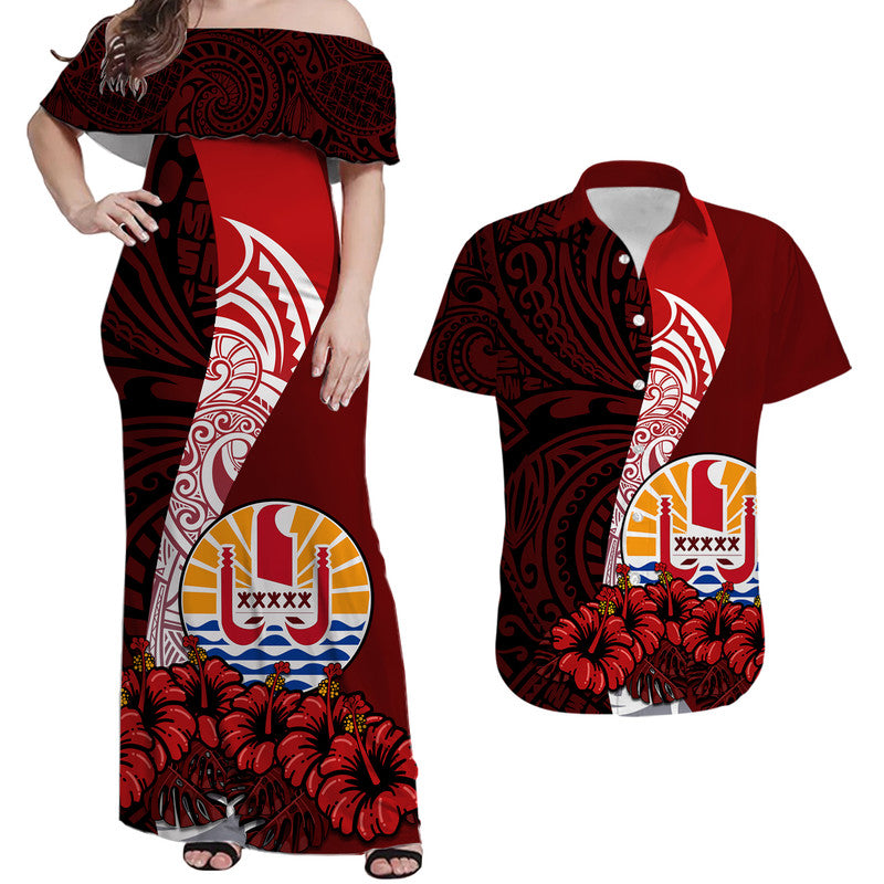 Polynesian Matching Dress and Hawaiian Shirt Tahiti Coat Of Arm with Hibiscus LT9 Red - Polynesian Pride