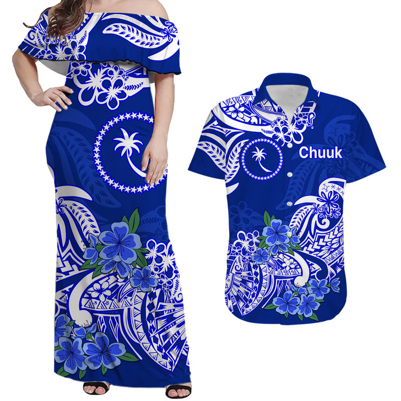 Federated States of Micronesia Chuuk Matching Hawaiian Shirt and Dress Polynesian Flower Tribal LT9 Blue - Polynesian Pride