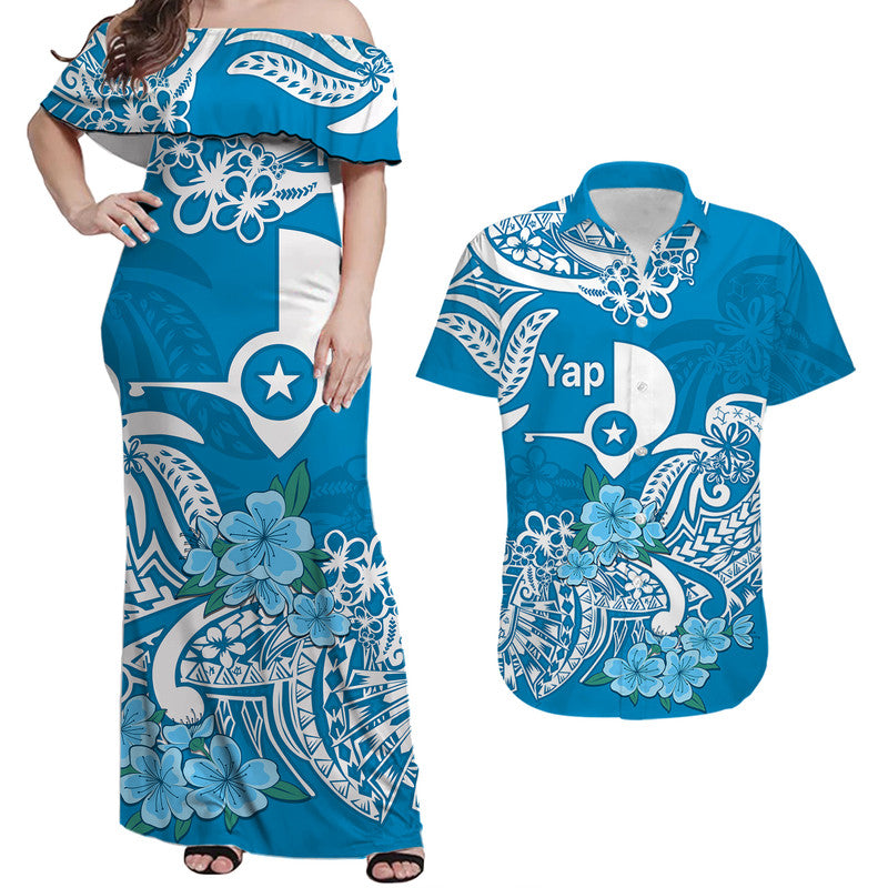 Federated States of Micronesia Yap State Matching Dress and Hawaiian Shirt Polynesian Flower Tribal LT9 Blue - Polynesian Pride