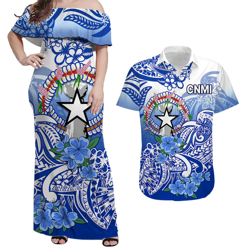 Northern Mariana Islands Matching Dress and Hawaiian Shirt Polynesian Flower Tribal LT9 Blue - Polynesian Pride