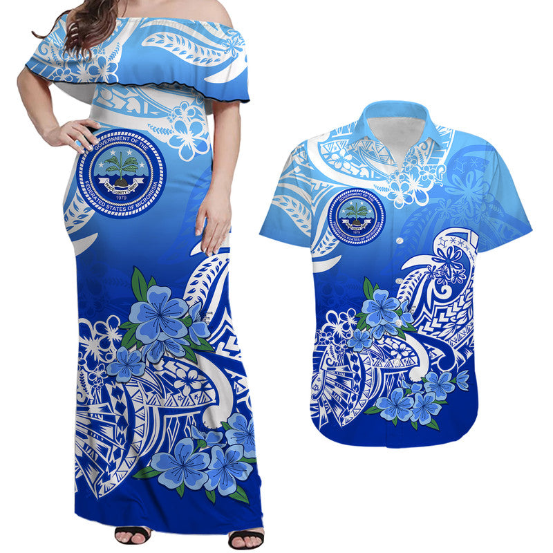 Federated States Of Micronesia Matching Dress and Hawaiian Shirt Polynesian Flower Tribal LT9 Blue - Polynesian Pride