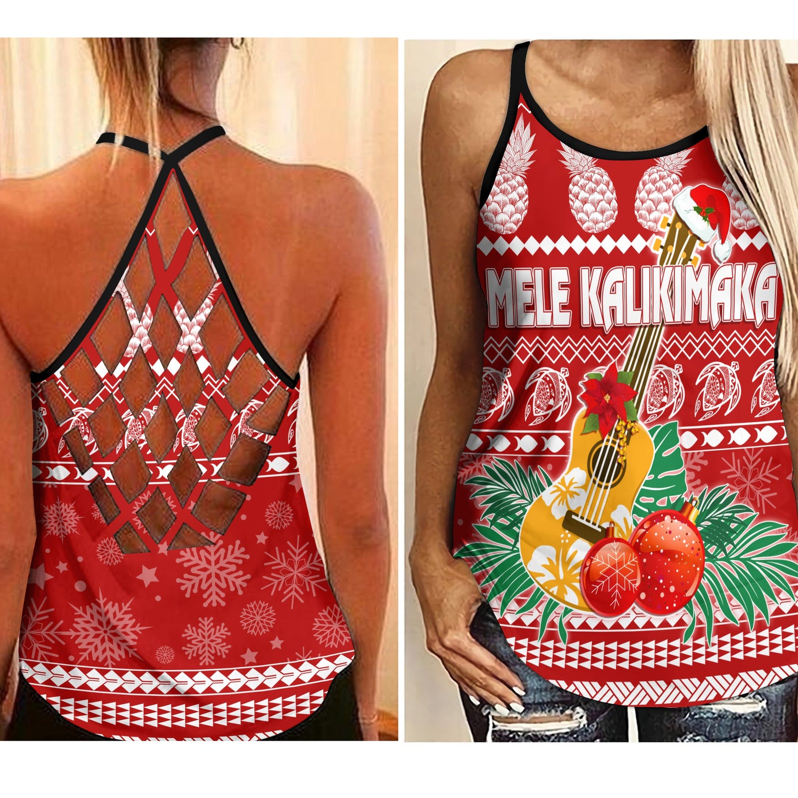 Hawaii Christmas Criss Cross Tank Mele Kalikimaka - Ukulele LT7 Female Red - Polynesian Pride