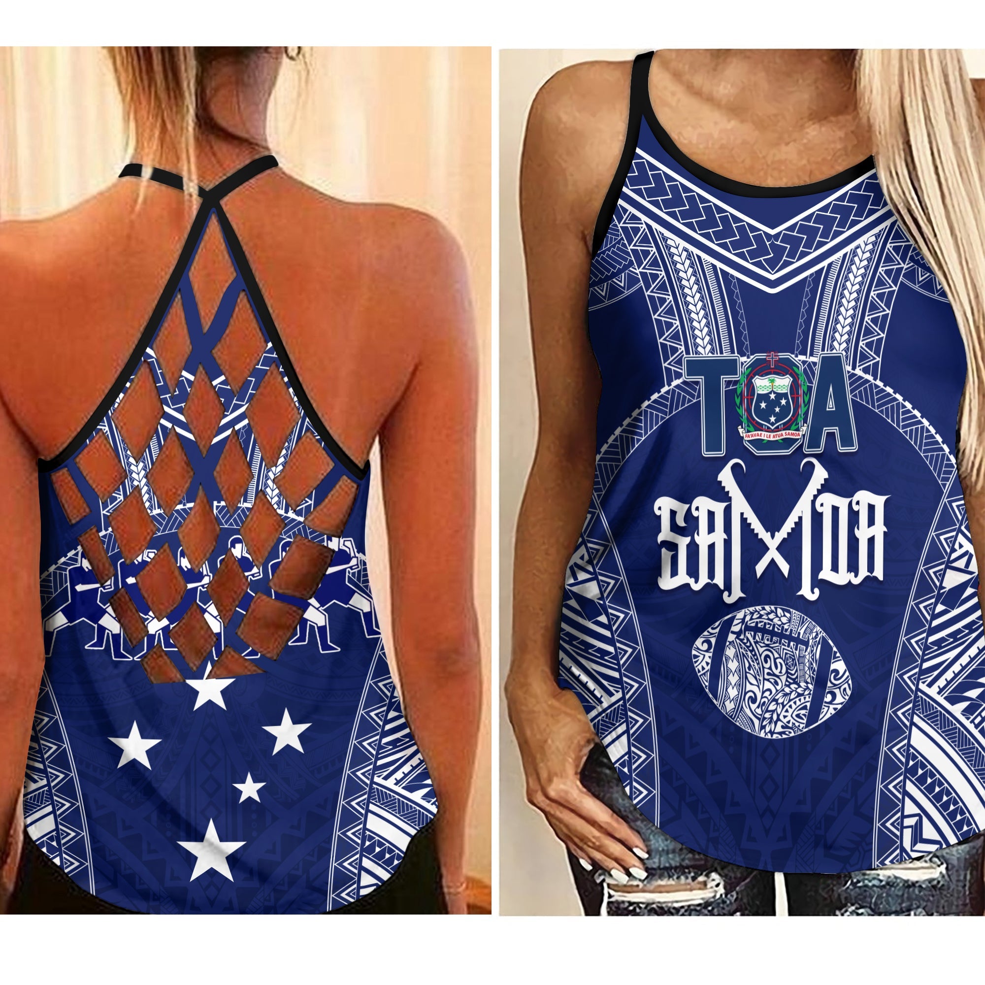 Personalised Toa Samoa Criss Cross Tank Top 685 USO Forever LT7 Female Blue - Polynesian Pride