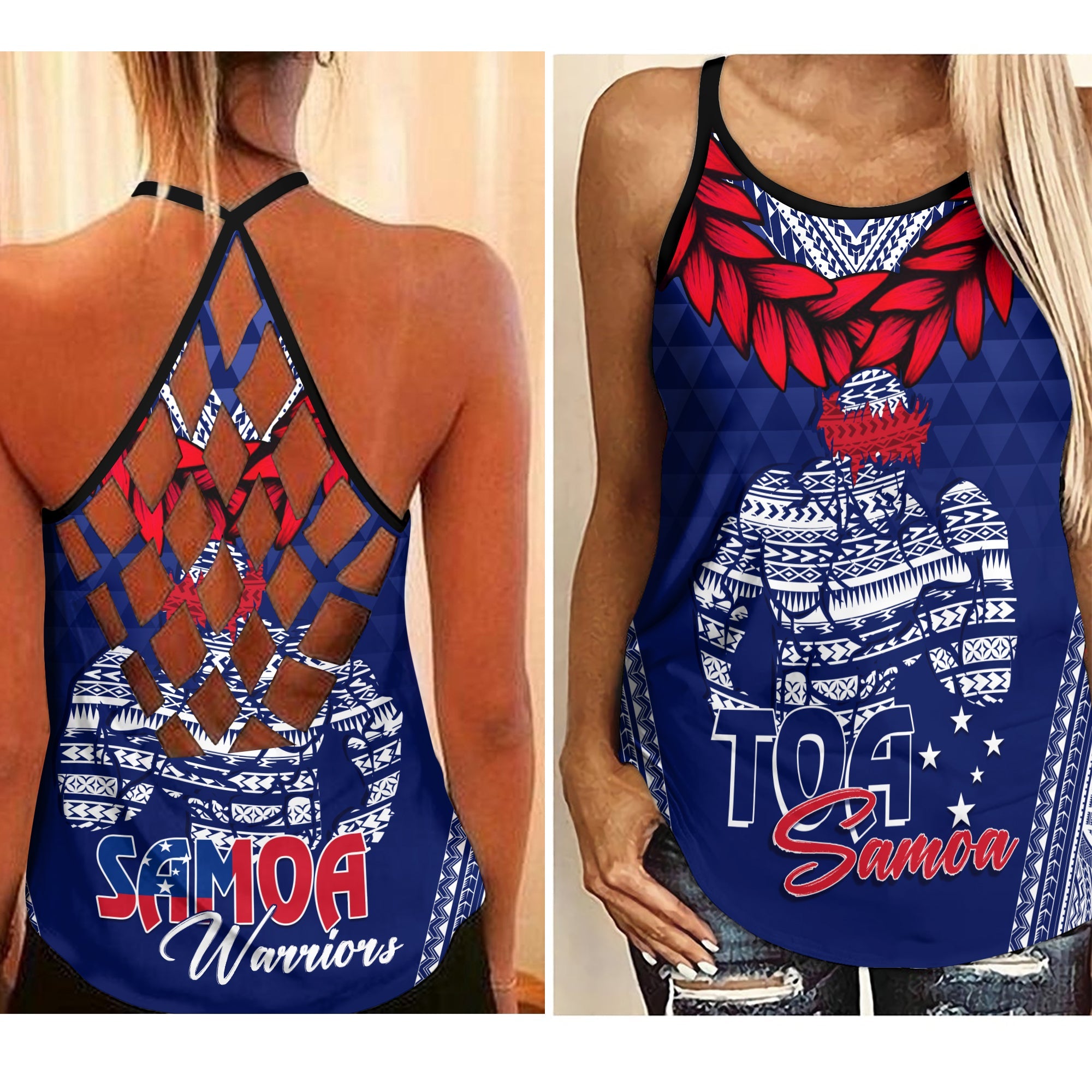 Personalised Toa Samoa Criss Cross Tank Ulafala Style Samoa Warriors LT7 Female Blue - Polynesian Pride