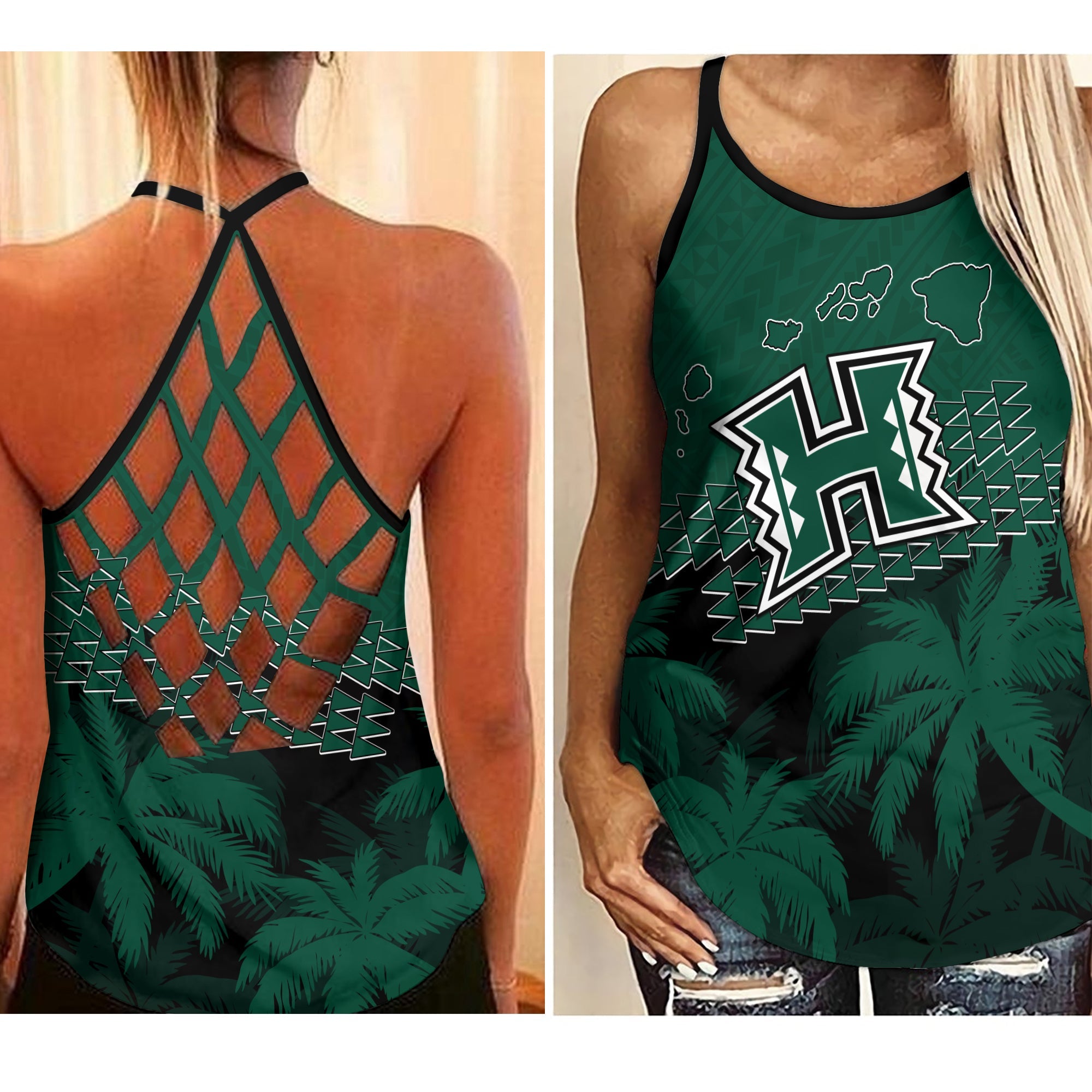 Hawaii Rainbow Warriors Criss Cross Tank Laau Pama LT7 Female Black - Polynesian Pride