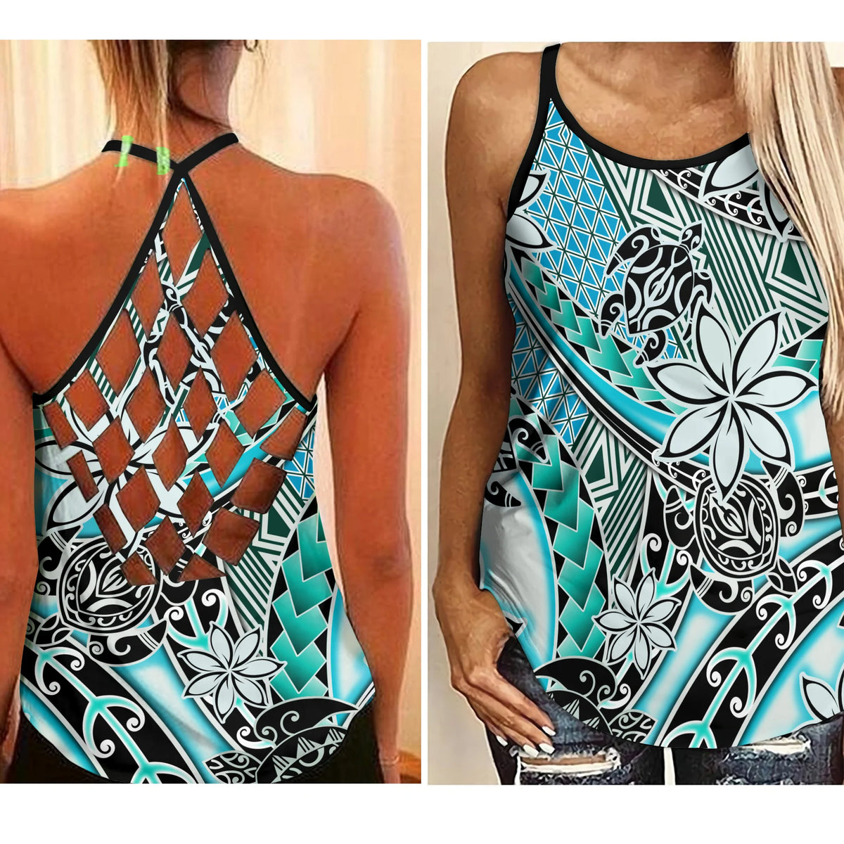 Hawaii Criss Cross Tank Top Tribal Plumeria With Polynesian Turtle Ver.04 LT14 Female Turquoise - Polynesian Pride