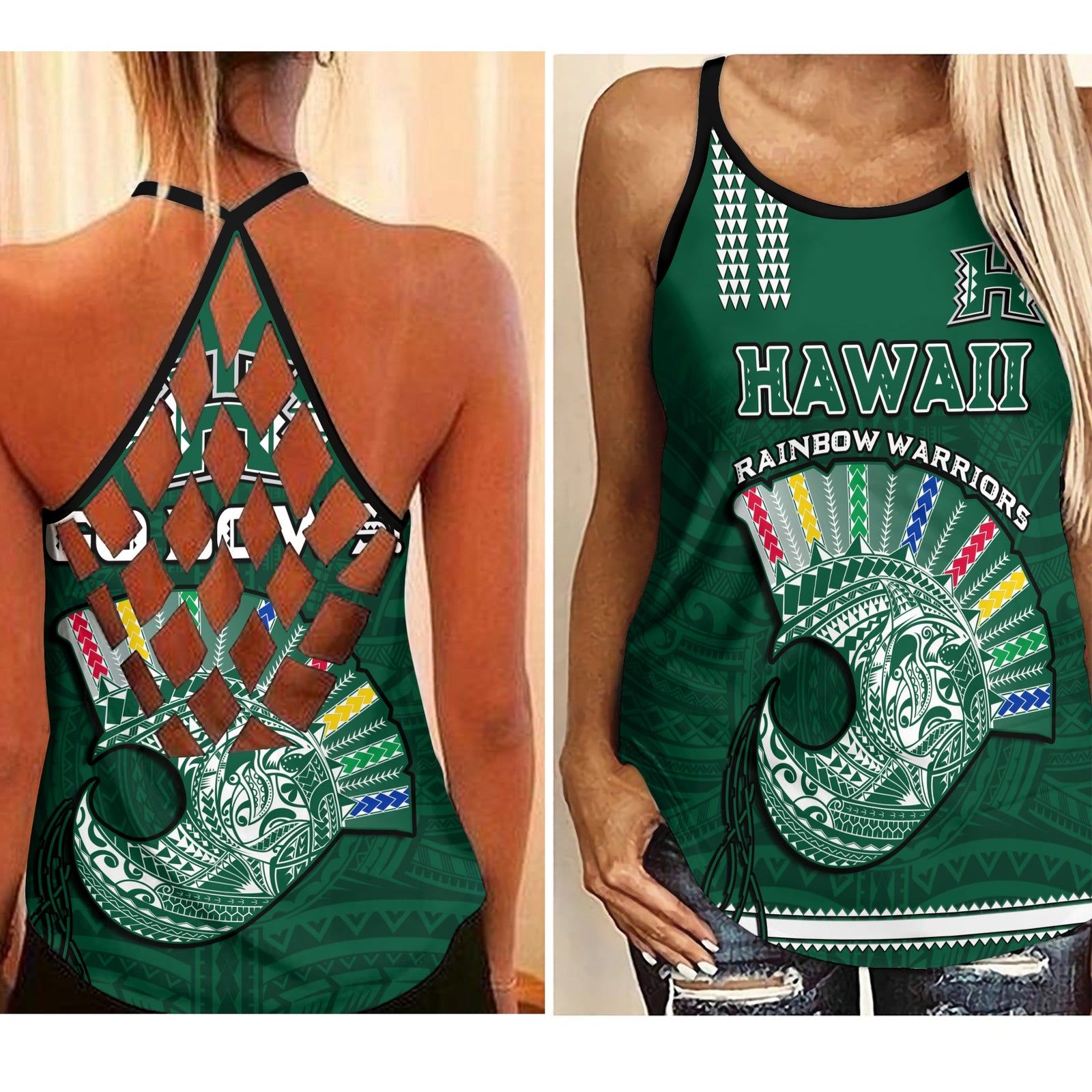 Hawaii Football Criss Cross Tank Top Kakau Rainbow Warriors Helmet Go Bows LT14 Female Green - Polynesian Pride