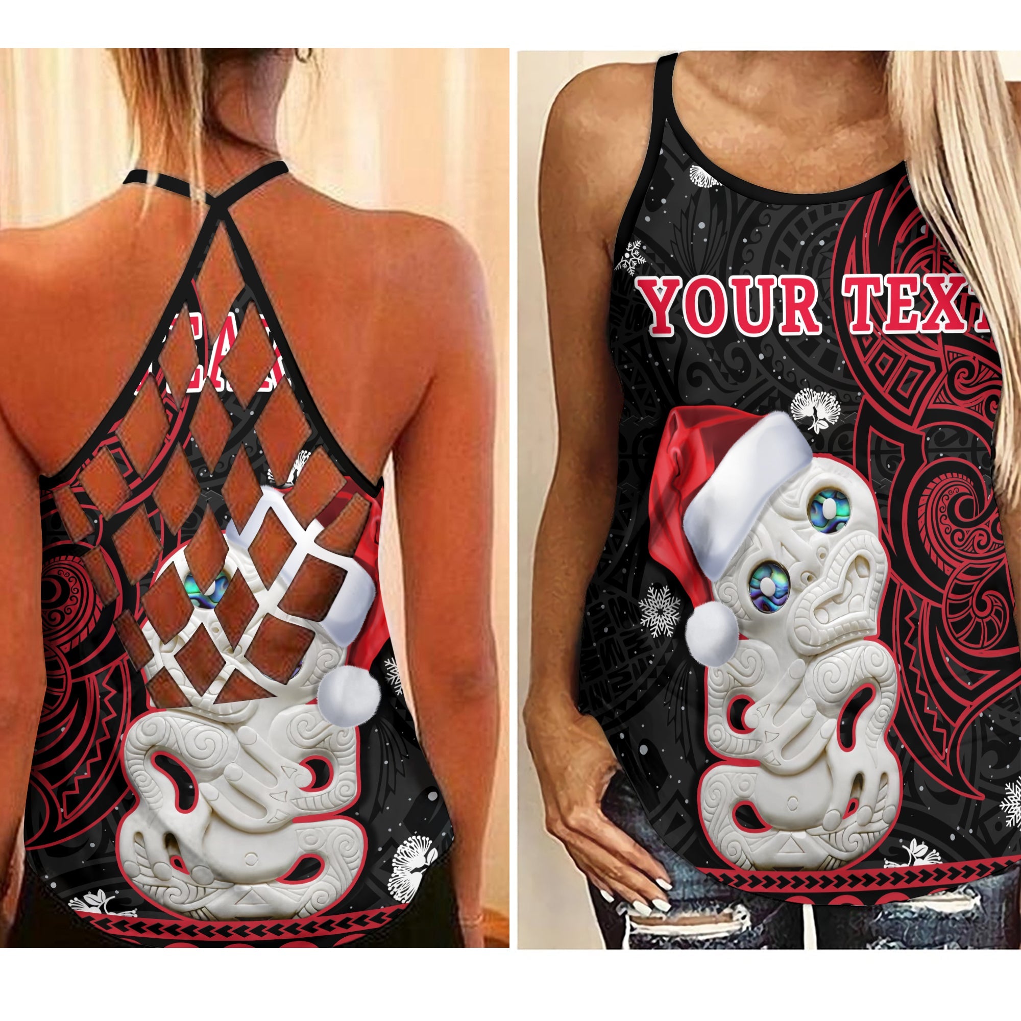 (Custom Personalised) New Zealand Christmas Criss Cross Tank Top Hei Tiki Red Pohutukawa Meri Kirihimete LT14 Female Red - Polynesian Pride