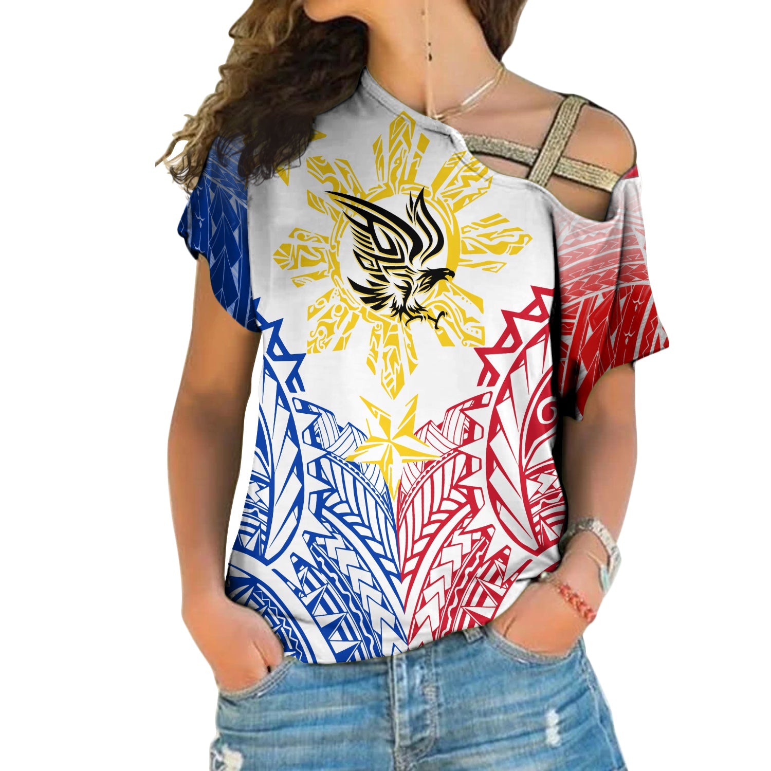 Philippines Personalised Cross Shoulder Shirt Filipino Sun with Eagle LT7 Female White - Polynesian Pride