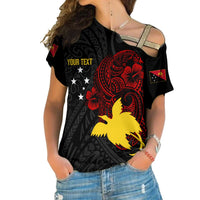 Personalised Papua New Guinea 49th Independence Cross Shoulder Shirt Tribal Turtle LT7 Female Black - Polynesian Pride