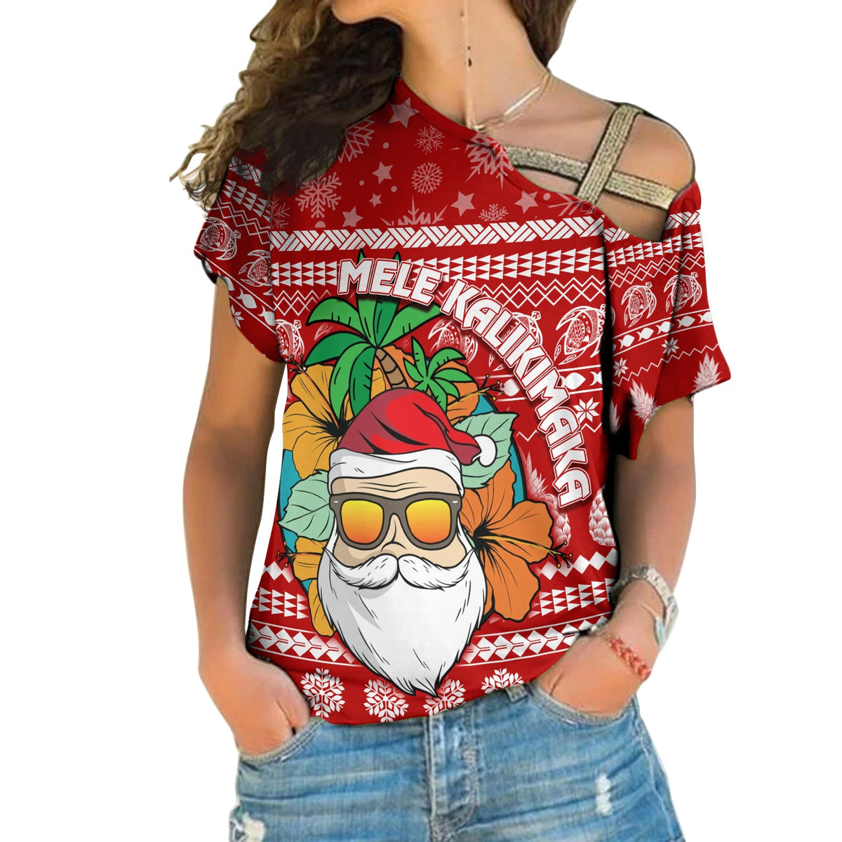 Hawaii Christmas Cross Shoulder Shirt Mele Kalikimaka - Tropical Santa LT7 Female Red - Polynesian Pride