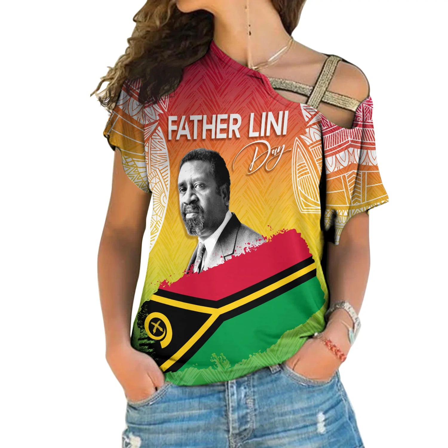 Vanuatu Father Lini Quote Cross Shoulder Shirt Flag Style - White LT7 Female Art - Polynesian Pride