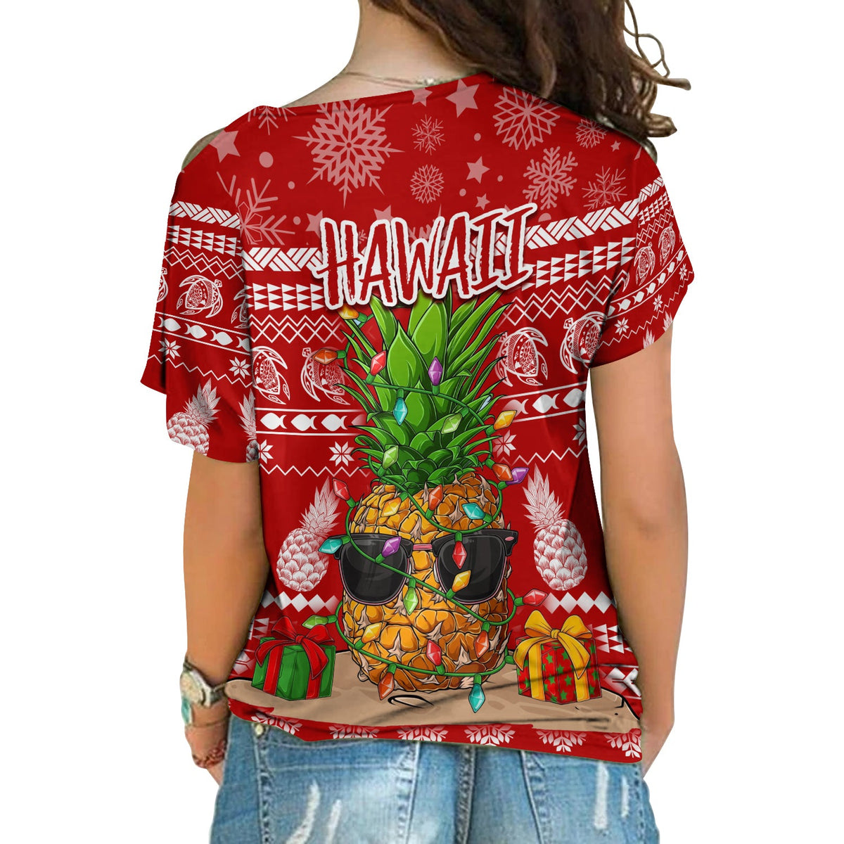 Hawaii Christmas Cross Shoulder Shirt Mele Kalikimaka - Pineapple LT7 - Polynesian Pride
