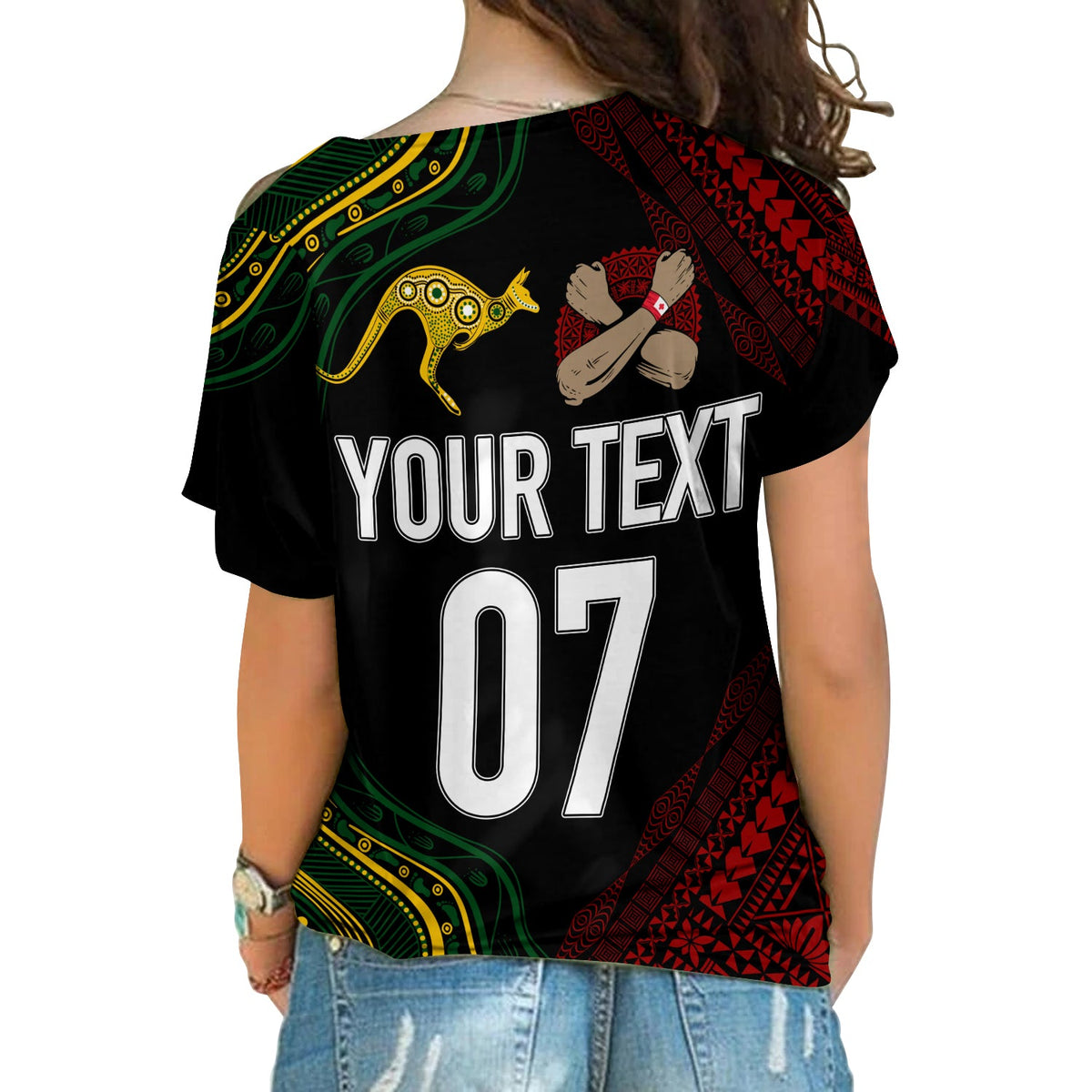 Personalised Aussie Kangaroos Mix Mate Maa Tonga Cross Shoulder Shirt Aboriginal with Kupesi LT7 - Polynesian Pride