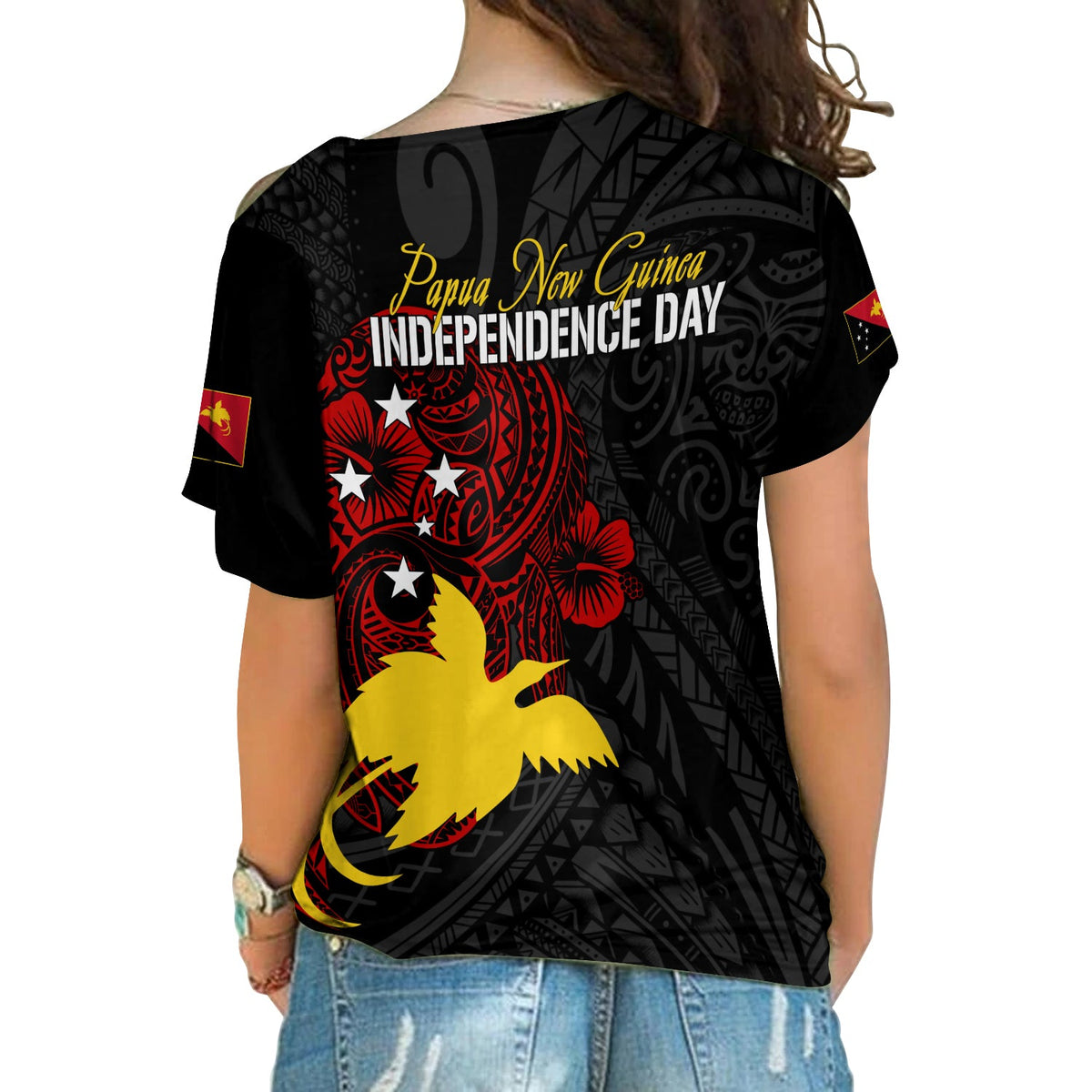 Personalised Papua New Guinea 49th Independence Cross Shoulder Shirt Tribal Turtle LT7 - Polynesian Pride