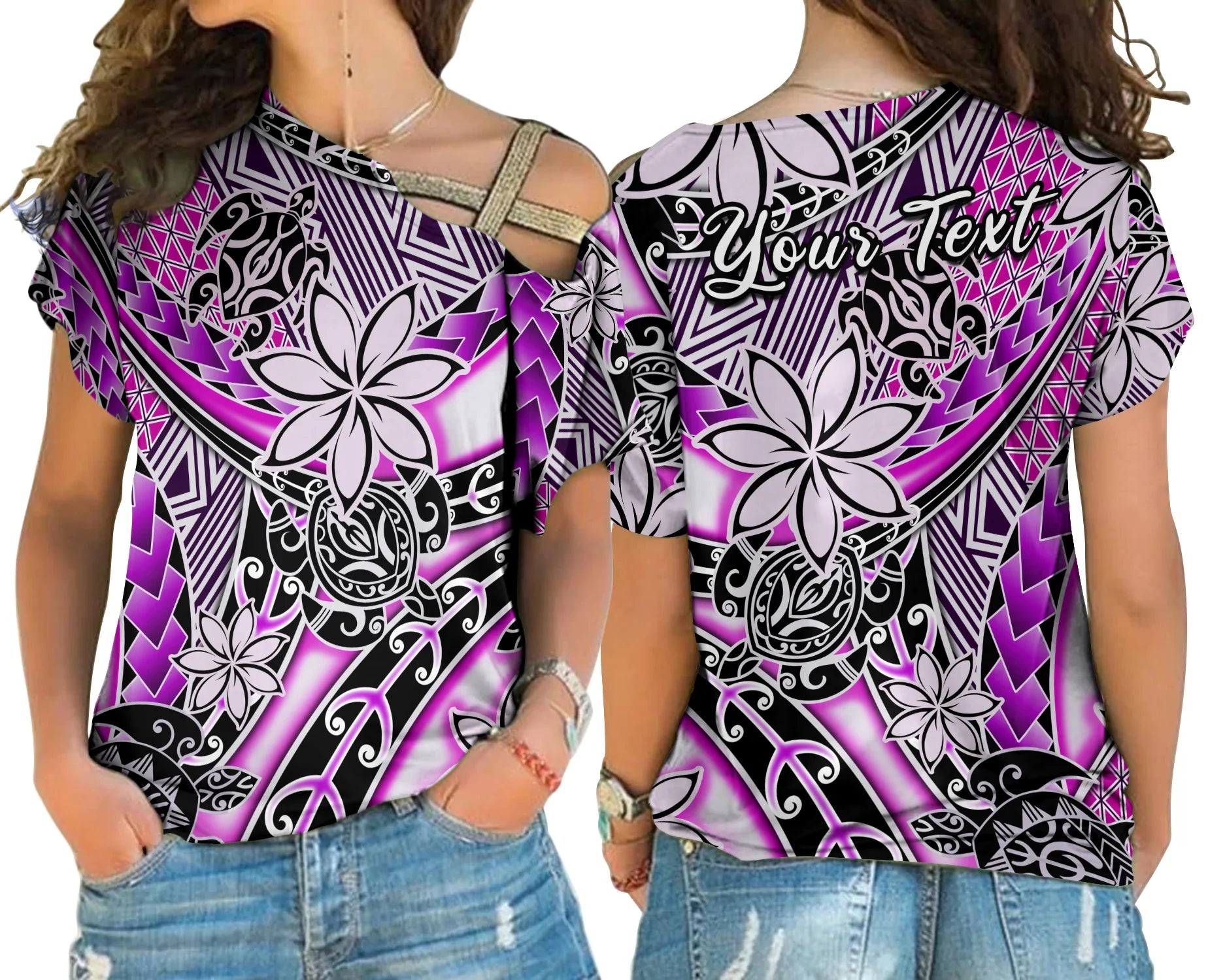 (Custom Personalised) Hawaii Cross Shoulder Shirt Tribal Plumeria With Polynesian Turtle Ver.02 LT14 Female Purple - Polynesian Pride