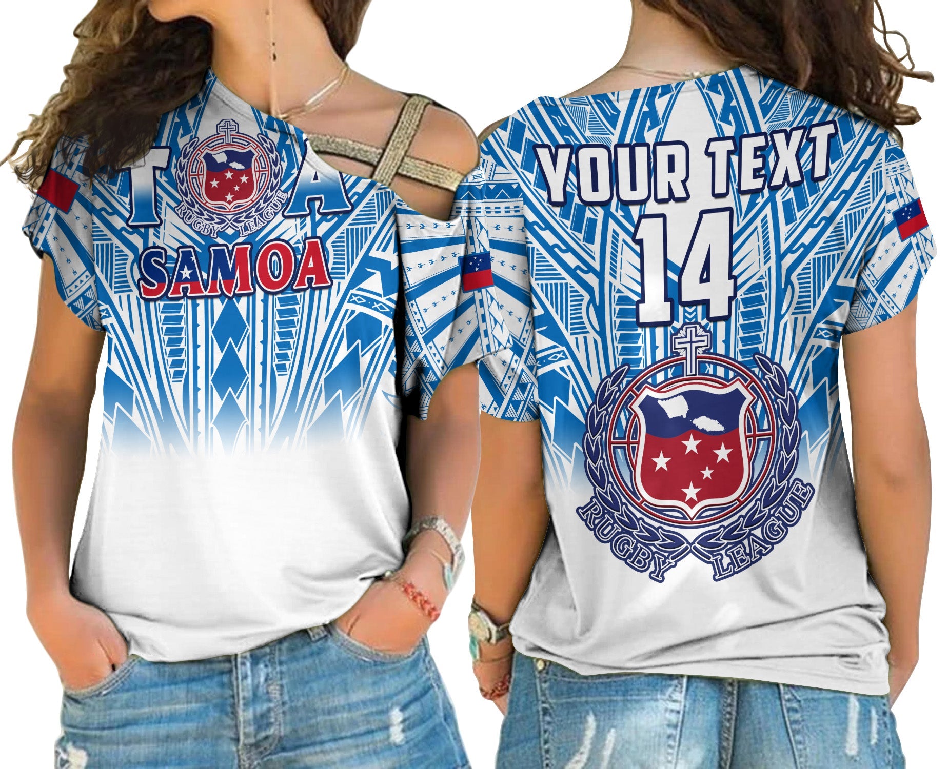 (Custom Text And Number) Samoa Rugby Cross Shoulder Shirt Personalise Toa Samoa Polynesian Pacific White Version LT14 Female White - Polynesian Pride