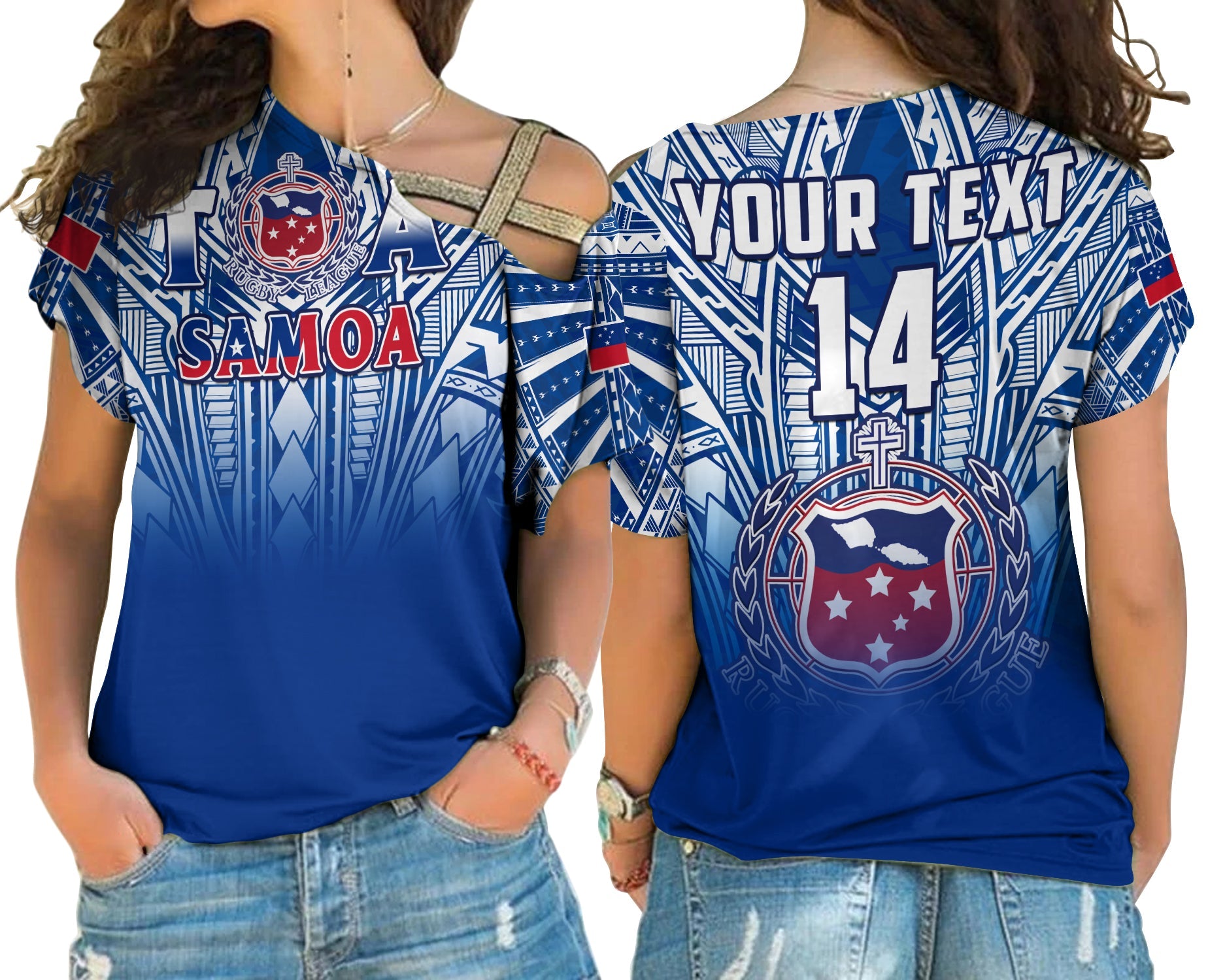 (Custom Text And Number) Samoa Rugby Cross Shoulder Shirt Personalise Toa Samoa Polynesian Pacific Navy Version LT14 Female Blue - Polynesian Pride