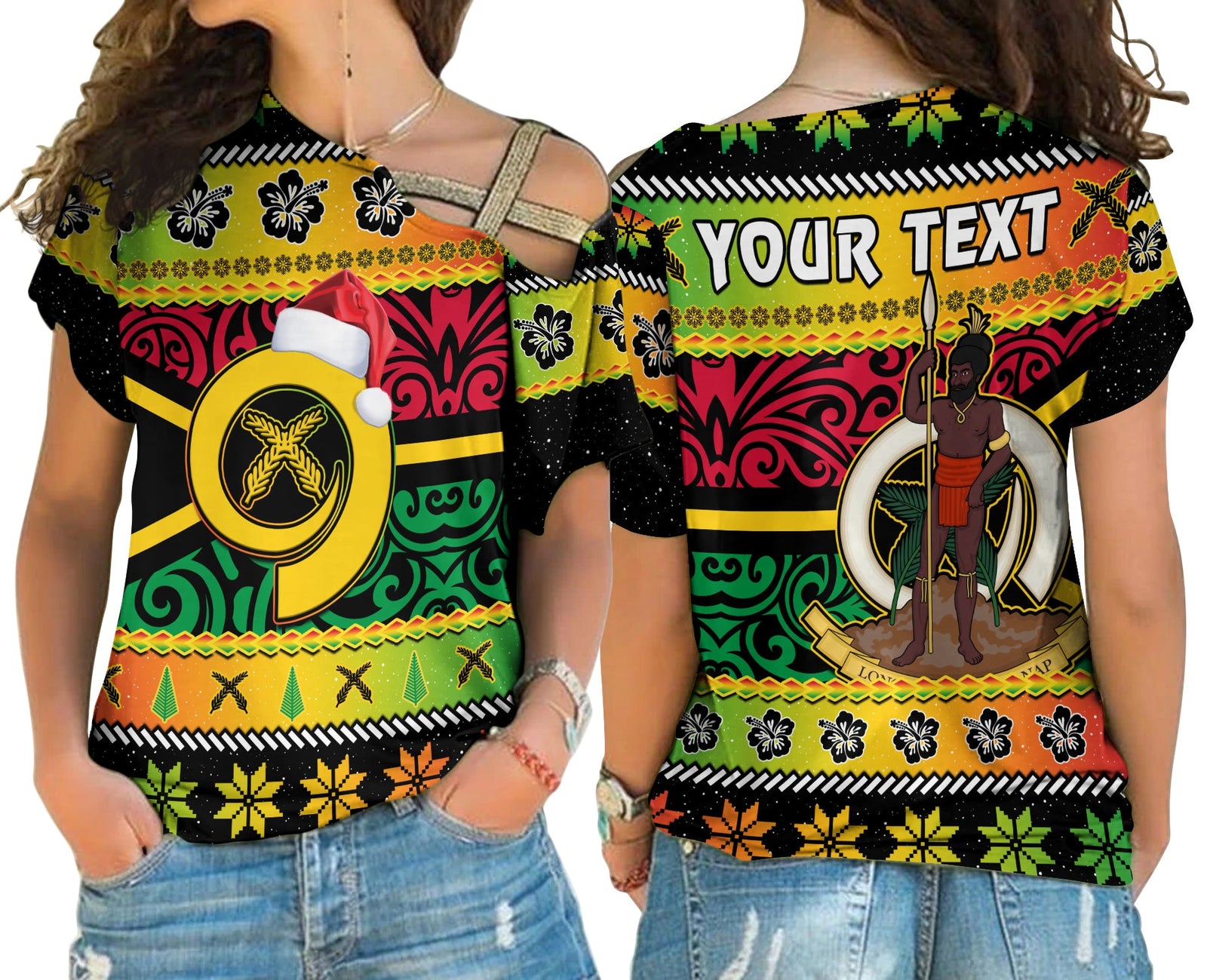 (Custom Personalised) Vanuatu Christmas Cross Shoulder Shirt Pig Tusk Polynesian Joyeux Noel Flag Art LT14 Female Reggae - Polynesian Pride